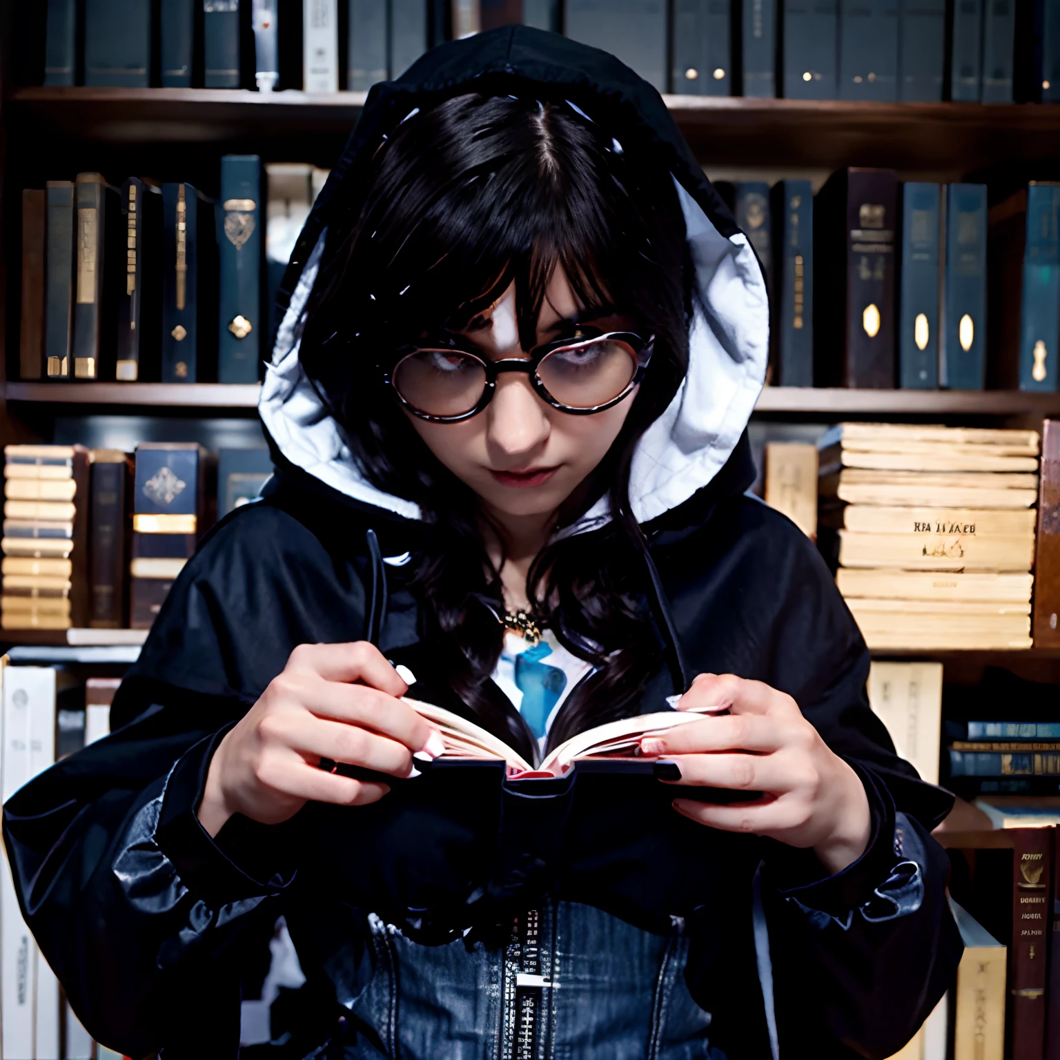 Pixar Disney cartoon cover white girl short wavy color dark wine hair wearing round glasses wearing demon slave's black coat hooded slave wearing white jeans ALL black star in a magic library and holding a manga