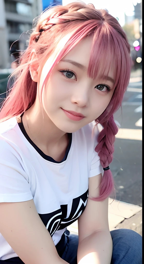 女の子1人、Shibuya、natta、A city scape、city light、The upper part of the body、up close shot、Blue eyes,Full body,faces、(A smile:1.5)、small tits、Band T-shirt、(8K、Raw photography、top-quality、​masterpiece:1.2)、(realisitic、photoRealstic:1.37), (Pink hair), Ear Hair, small tits, Single braid, (Single braid), (Side braid)