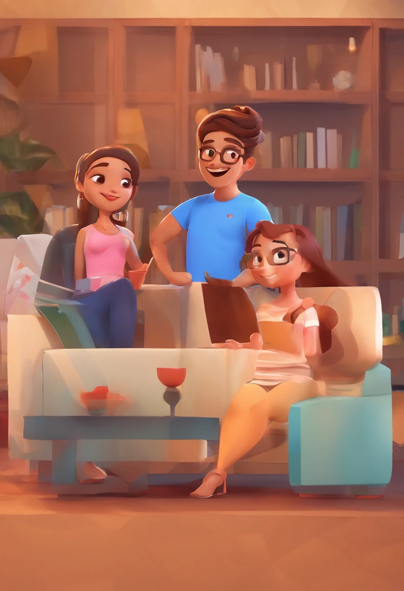 An illustration of an adorable couple, Highlight for a chubby mulatto man with glasses smiling and a brunette woman with beautiful expressive eyes - the man's skin is mulatto and the man's hair haswhile the woman's skin is black and the woman's hair is straight and brown. They are a bright room, cada um com um sorriso no rosto, e compartilhar um momento especial caracterizado pelo amor, Insights. Illustrate this scene from a perspective where they are facing the camera, Smiling and Showing Your Connection. Desenvolva esta arte em Full HD, Focus on your cinematic touch, Estilo Disney Pixar Animations