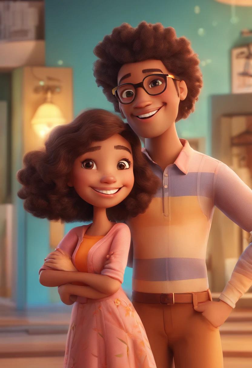 An illustration of an adorable couple, Highlight for a chubby mulatto man with glasses smiling and a brunette woman with beautiful expressive eyes - the man's skin is mulatto and the man's hair haswhile the woman's skin is black and the woman's hair is straight and brown. They are a bright room, cada um com um sorriso no rosto, e compartilhar um momento especial caracterizado pelo amor, Insights. Illustrate this scene from a perspective where they are facing the camera, Smiling and Showing Your Connection. Desenvolva esta arte em Full HD, Focus on your cinematic touch, Estilo Disney Pixar Animations