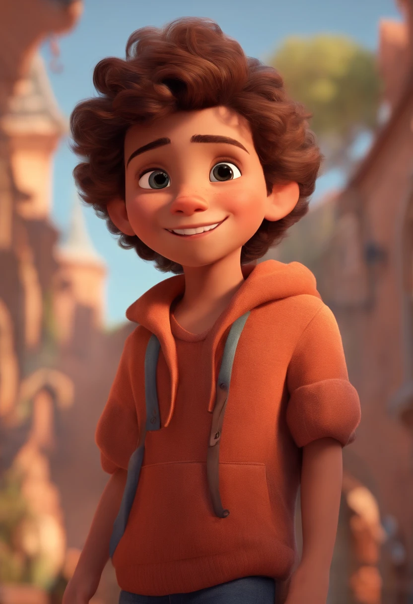 Image of a boy for a story in a YouTube video in Pixar format, He's the little allabester, He's the class leader, He's outgoing, Playful and gets up for a lot of things, cabelo curto