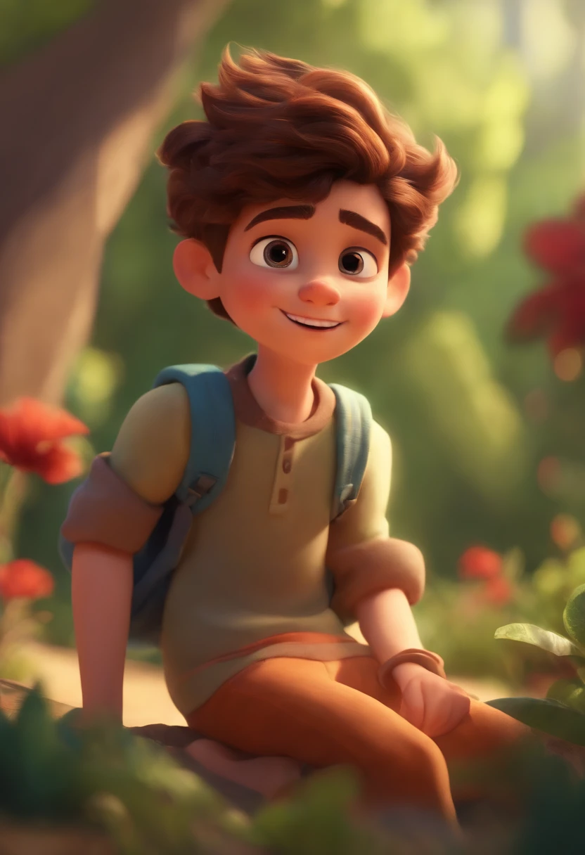 Image of a boy for a story in a YouTube video in Pixar format, He's the little allabester, He's the class leader, He's outgoing, Playful and gets up for a lot of things, cabelo curto