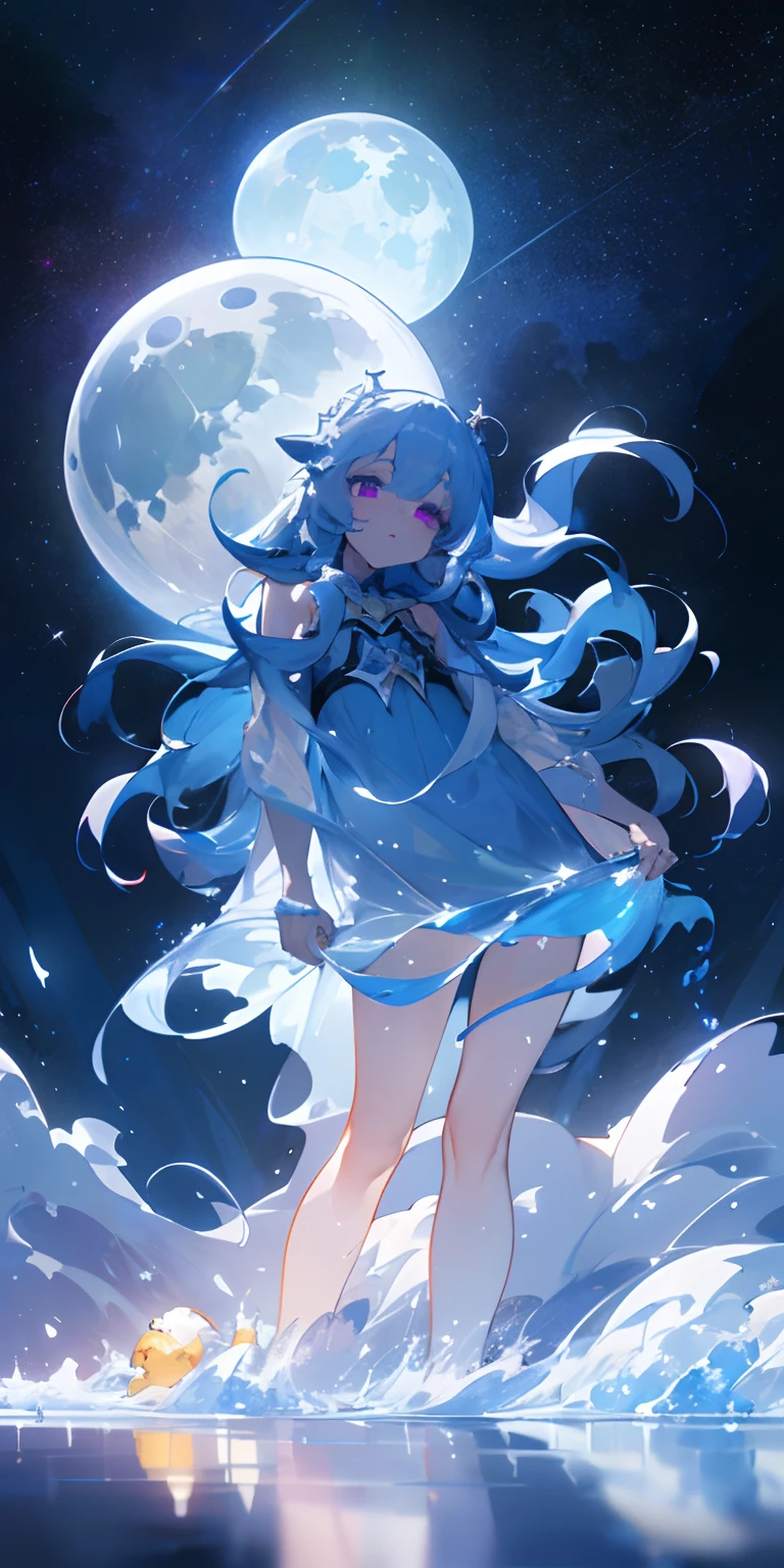 {{masterpiece,hight resolution,Best Work}},top-quality,Ultra-detailed CG Unity,((A detailed face)),8k wallpaper,lensflare, (Detailed beautiful eyes),((chiquita)),Particle,Long hair with strong waves,smil,Say hello,Purple eyes,silber hair,A dark blue dress reflecting the starry sky,Big White Moon,((Standing on the surface of the water)),Majestic starry sky,Aurora,The surface of the lake reflecting the starry sky,Starry water surface,((full bodyesbian:1.5),超A high resolution,