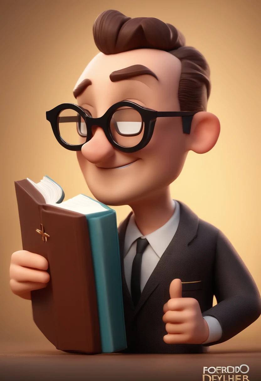 Pixar cartoon character of a man with rectangular black glasses and a suit with bible, animation character, Caractere estilizado, animation style rendering, 3D estilizado, Arnold Maya render, 3 d render stylized, toon render keyshot, Personagem 3D, Personagem 3D, 3d rendering stylized, 3 d character render, personagem de desenho animado, Personagem de close up, Pose de personagem, (Estilo Pixar) (master part:1.2) (Bokeh) (best quality) (pele detalhada) (textura detalhada) (8k) (argila) (Cinematic lighting) (foco nítido