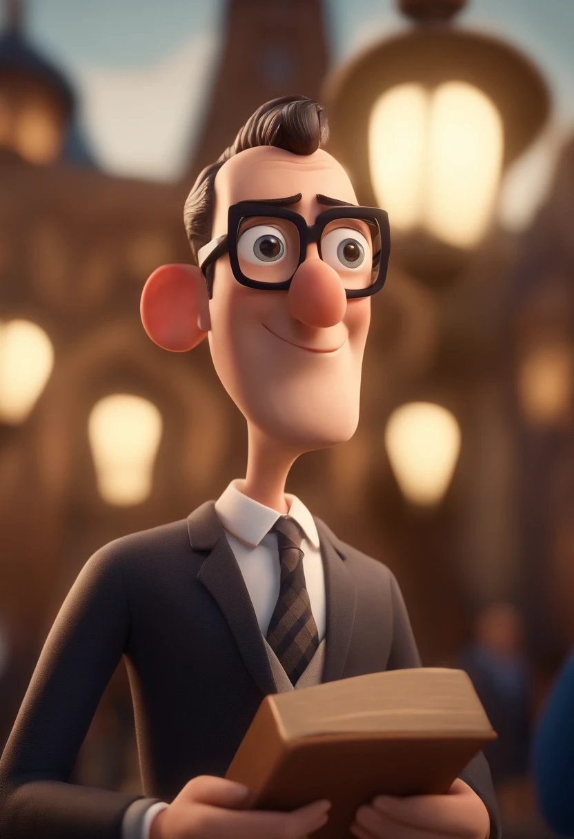 Pixar cartoon character of a man with rectangular black glasses and a suit with bible, animation character, Caractere estilizado, animation style rendering, 3D estilizado, Arnold Maya render, 3 d render stylized, toon render keyshot, Personagem 3D, Personagem 3D, 3d rendering stylized, 3 d character render, personagem de desenho animado, Personagem de close up, Pose de personagem, (Estilo Pixar) (master part:1.2) (Bokeh) (best quality) (pele detalhada) (textura detalhada) (8k) (argila) (Cinematic lighting) (foco nítido