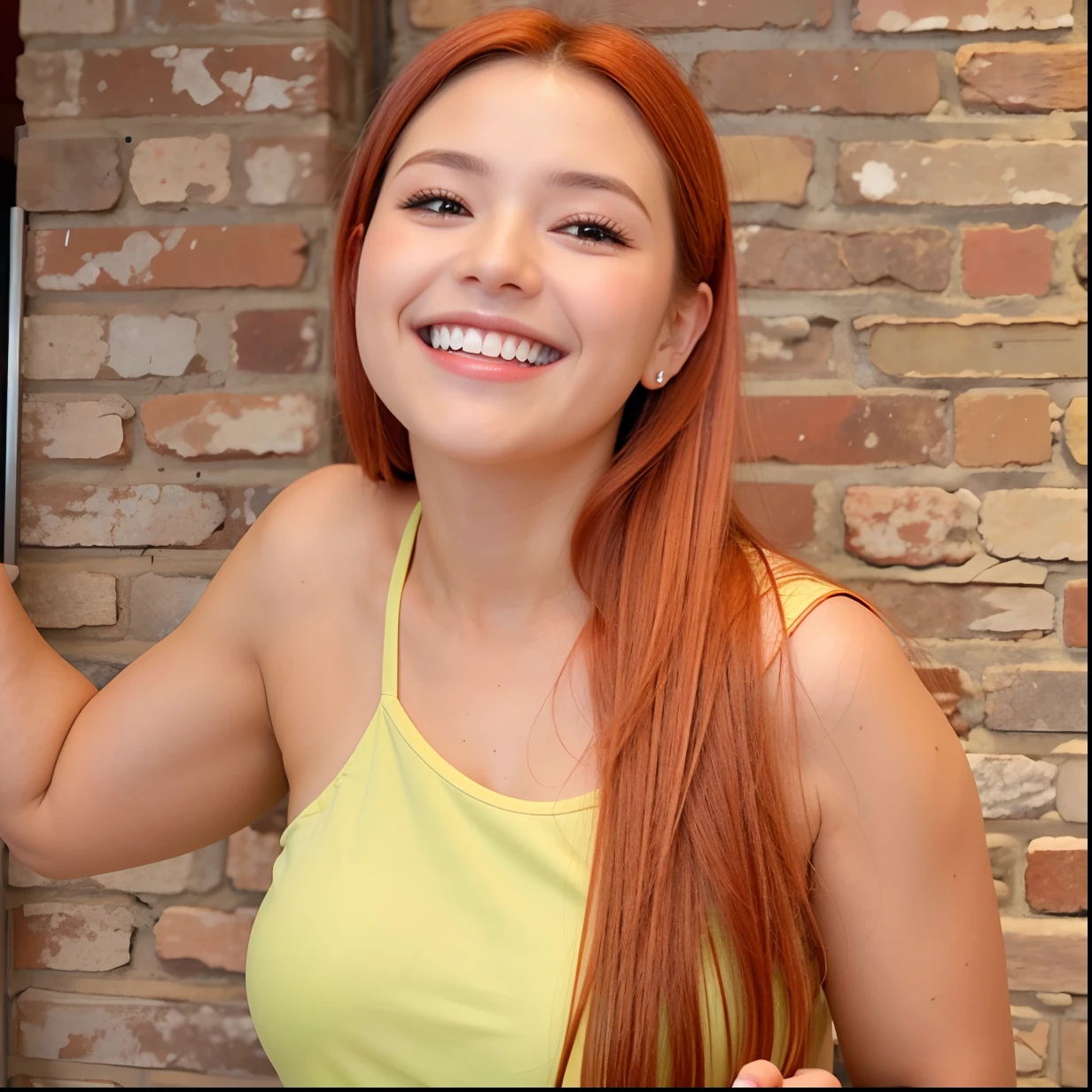 Smiling woman holding a glass of wine in front of a brick wall, Redhead Girl, sorriso sedutor louco, sorriso provocante, sorrindo sedutoramente, sorriso bonito e sedutor, menina ruiva jovem bonito, sorriso enorme, friendly seductive smile, playful grin, sorriso muito grande