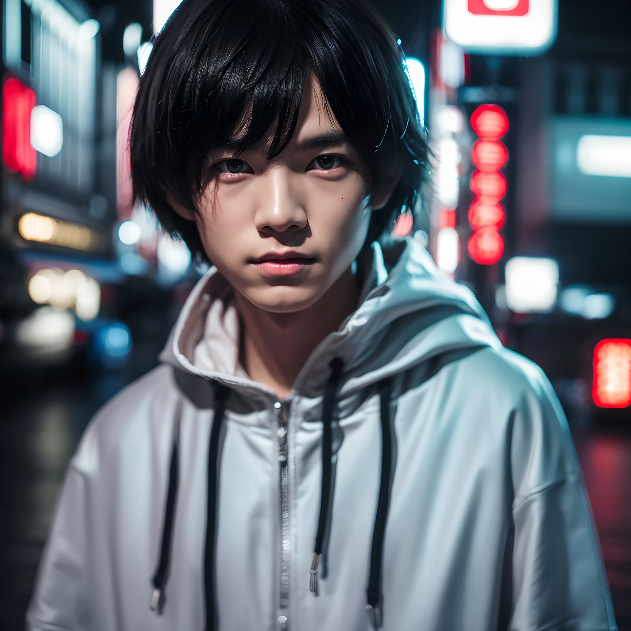 kk, best quality, more details, masterpiece, 1boy, kaneki ken, portrait, male focus, red eyes, solo, bangs, looking at viewer, hood, short hair, rain, tokyo tokyo \(city\),  hood up, nail polish, white hair, luxurious, 8k, detailed, ray tracing, depth of field, cinematic lighting,