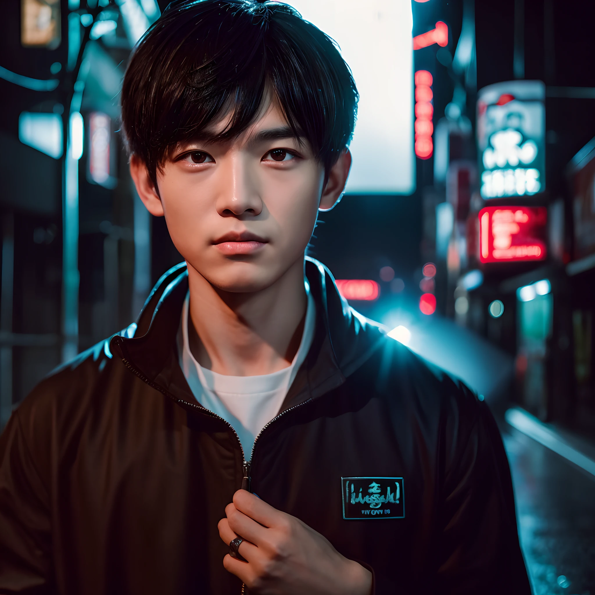 kk, best quality, more details, masterpiece, 1boy, kaneki ken, portrait, male focus, red eyes, solo, bangs, looking at viewer, hood, short hair, rain, tokyo tokyo \(city\), hood up, nail polish, white hair, luxurious, 8k, detailed, ray tracing, depth of field, cinematic lighting,