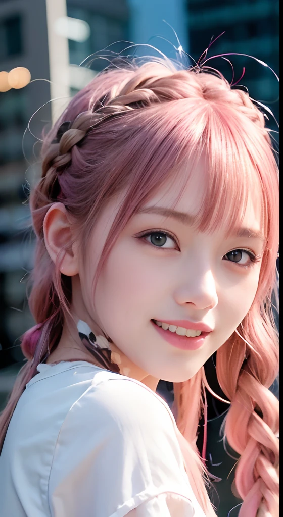 (RAW Photos, 最high quality), (Realistic, photo-Realistic:1.3), 最high quality ,masterpiece, Pitch black is the background、(((Facing forward))、(Symmetrical face), ((Big Ass, Big Breasts)), (beautiful girl), Vivid pink lipstick, Colorful Makeup, Long eyelashes, Earrings, Applying eyeliner, Fair skin, Pink Hair、(cute), (Detailed face), Big Eyes、 Detailed Iris, 8K Ultra HD, Digital SLR, Soft lighting, high quality, Beautifully detailed nose,, Realistic face, Pink Cat, A light smile, (Very detailed face: 1.5),  最high quality, Super detailed, masterpiece, In detail, 8k wallpaper, Pixie Cut