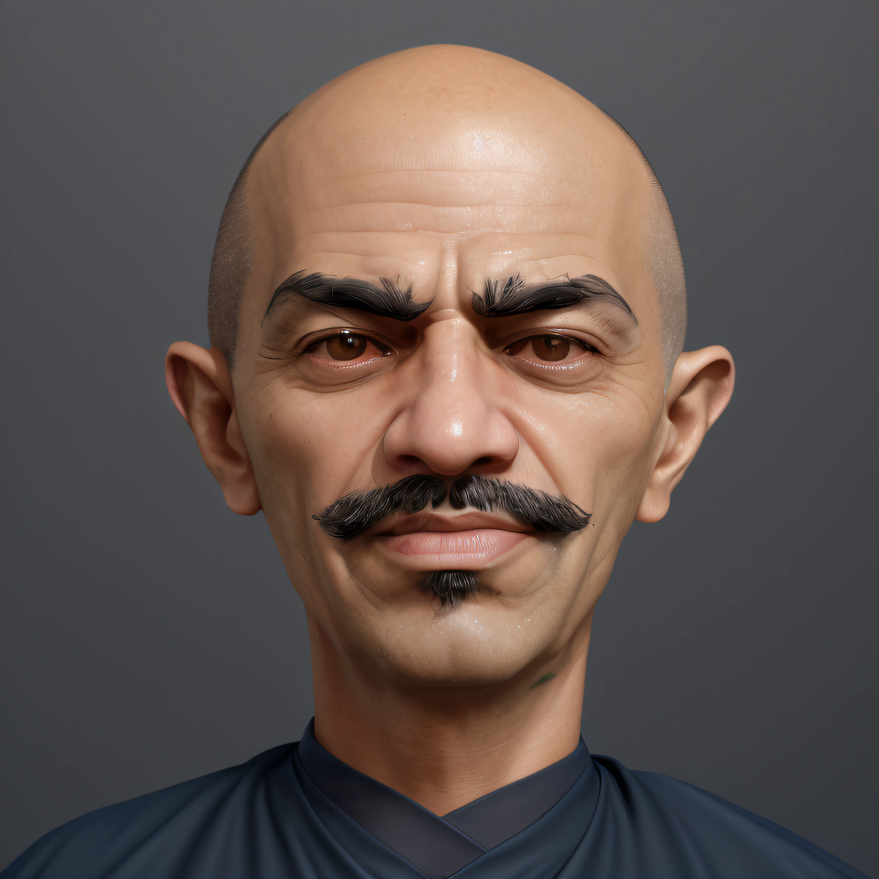 an avatar style portrait, from the front, a Brazilian man, northeastern, thin, bald, portrait from the front, without glasses, looking at the camera, sun-kissed skin, wears a thin mustache, tight-fitting clothing, Prussian blue, smooth and round face, thick eyebrows, bald, wears a fitted navy blue futuristic shirt, inspired by Mahatma Gandhi, Portrait of a bald Brazilian man, with little hair on the sides, Northeastern Brazil, with a round face, hyper realism, slightly round chin, 8k