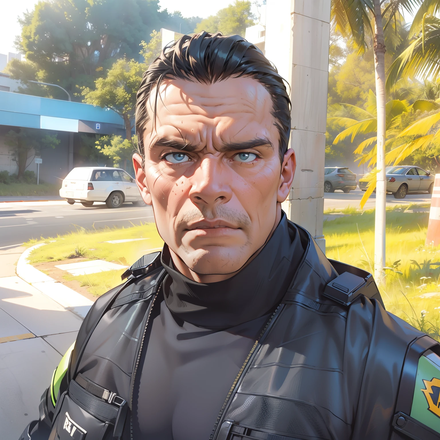 "Filme do Exterminador do Futuro, Futuristic, dystopian cityscape, atmosfera escura e arenosa, intense action scene, Arnold Schwarzenegger como o personagem principal, Iconic black leather jacket, sun glasses, Epic Battle, Explosions, armamento de alta tecnologia, cybernetic enhancements, post apocalyptic scenario, Relentless pursuit, suspense chase sequence, dramatic lighting, dramatic camera angles, momentos cheios de adrenalina."