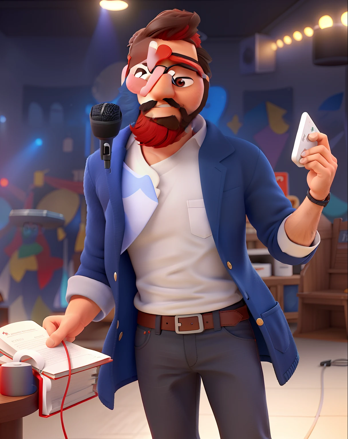 Pode melhorar barba mais rala com uns fios brancos, Make the full body appearing white red shoes. Man stands on black background on a speaker-like stage with microphone in one hand and book in the other in Disney pixar style best quality, maior qualidade.