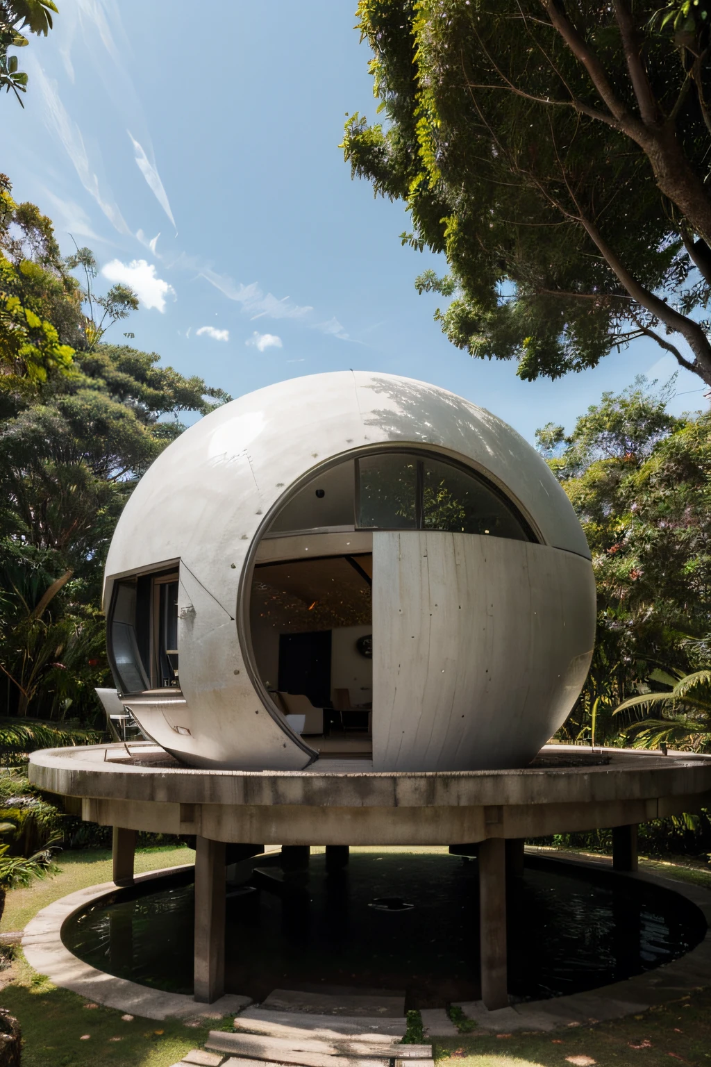 casa , contemporary architecture, - Scientific man, Spherical Exterior House, concreto, Floresta, luz do dia, heaven, nuvem branca, Realistic, Futuristic, 8k, master part, melhor qualidade, extremely high-resolution, extremamente completo detalhado,