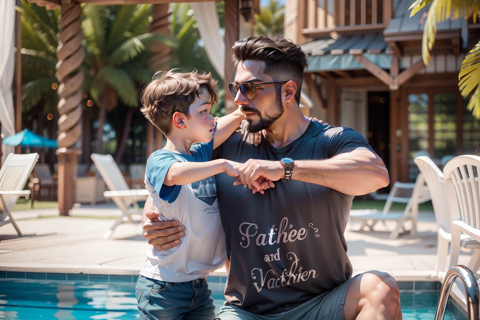 Father and son beautiful vacation resort