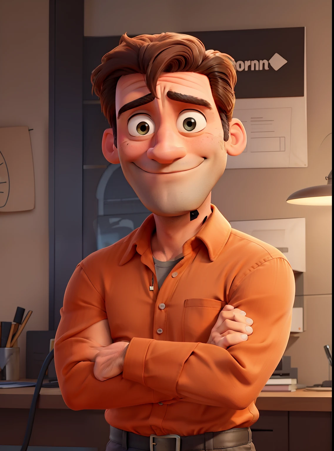 Jon Hamm, Cartoons in orange shirt and black pants, arms crossed, olhando para frente e sorrindo com os dentes aparecendo;