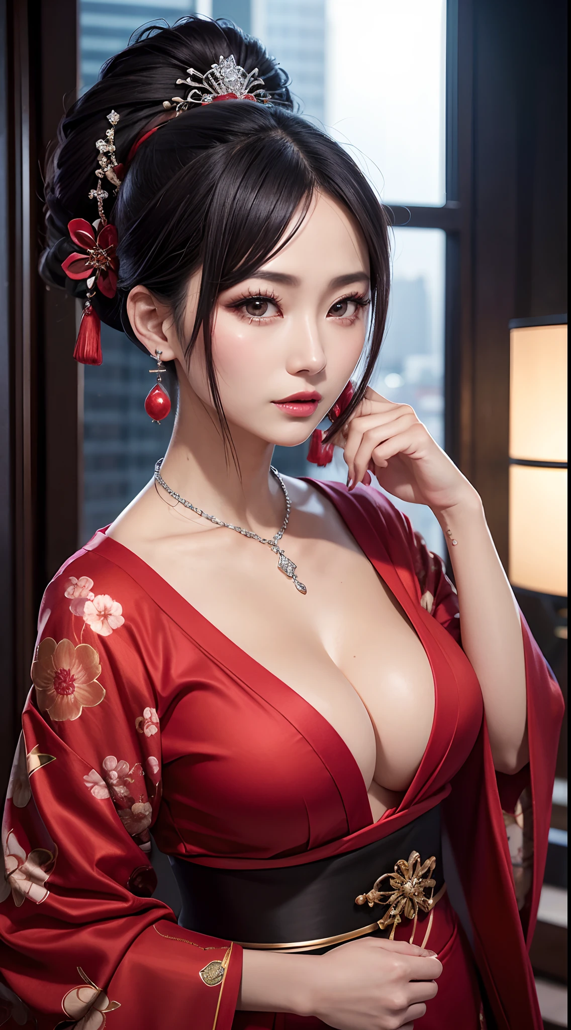 (hyper realstic)、Modern Oiran、(Female Ninja of the 21st Century)、Beautie high-level image quality hight resolution (Realistic) Shorthair、Woman with dark hair、A MILF、Middle-aged woman、Big big、Detailed red-black 、detailed skin textures、超A high resolution、Realistic、Voluptuous body shape、angry looking face、Middle-aged beauty、Beautiful expression、With detailed red-black areola 、detailed brown eyes、long fluffy hair、Kamimei、Very delicate and detailed skin texture、35 years old、{There is a helipad at night((Being on the roof of a skyscraper))}、Modern Oiran、Large cleavage、Large open neckline、bright red lips、Wearing gorgeous clothes, Luxurious and luxurious kimono、ear ornament、Silver collar and necklace、gorgeous hair decoration、