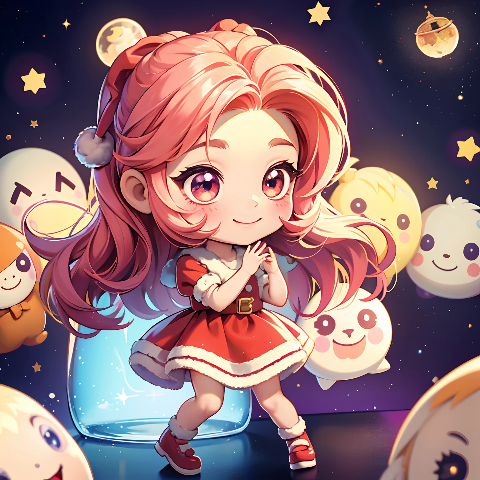 A chibi doll trapped in a magic jar、Cute girl doll dressed as Santa Claus、A smile、Chibi Doll、Stars in the eyes(kirakira)、Eye Up、Laugh、Cute red shoes、foco nítido, Ultra Detail, radiant light、bio luminescent、Taken from the side、Stronger bokeh effect