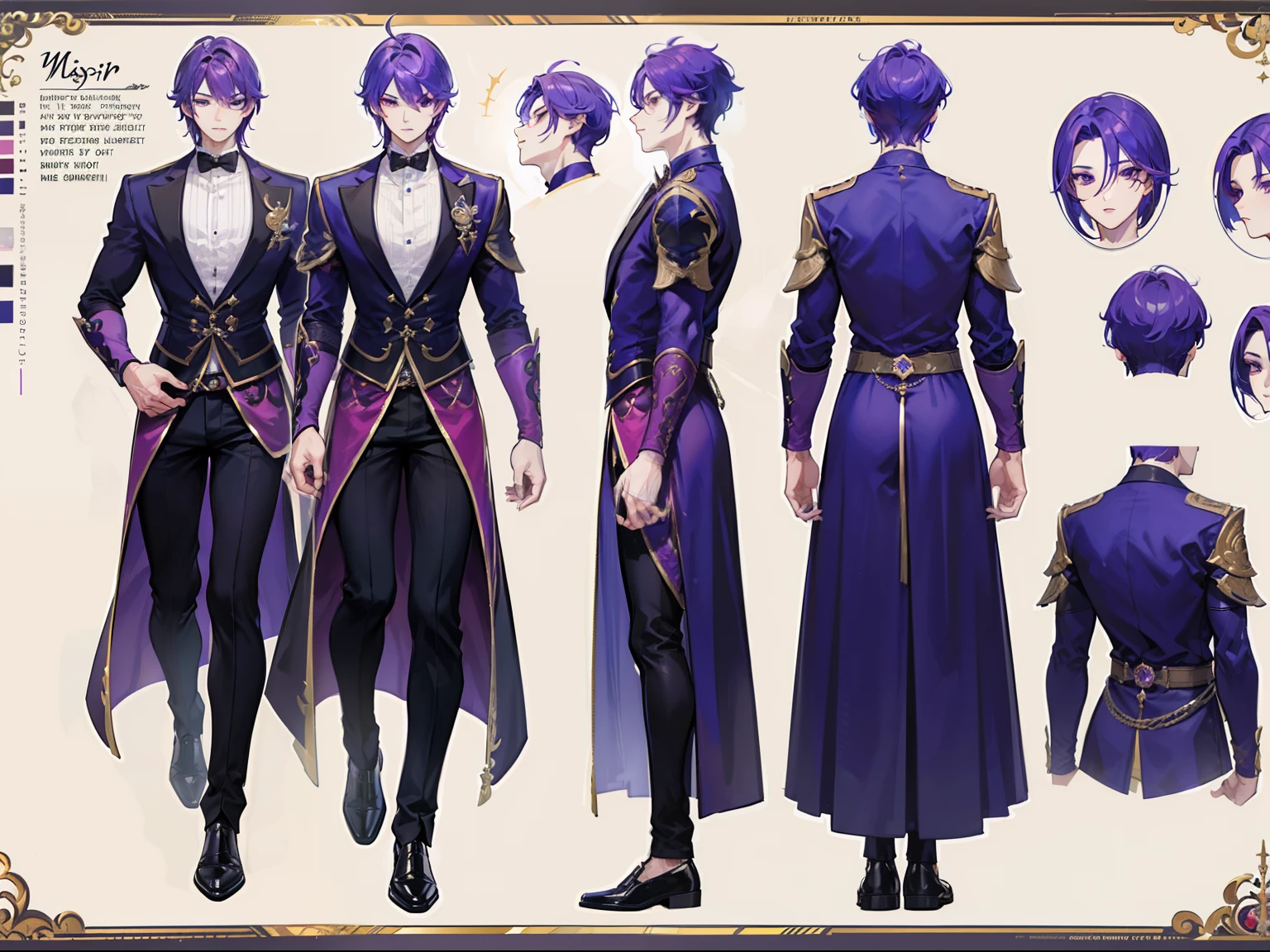 ((Masterpiece, Highest quality)), Male, boy, Detailed face, character design sheet， full bodyesbian, Full of details, frontal body view, back body view, Highly detailed, Depth, Many parts, Muscle boy with purple hair，handsome man, vampire outfit clothes, Genshin Impact, man tall