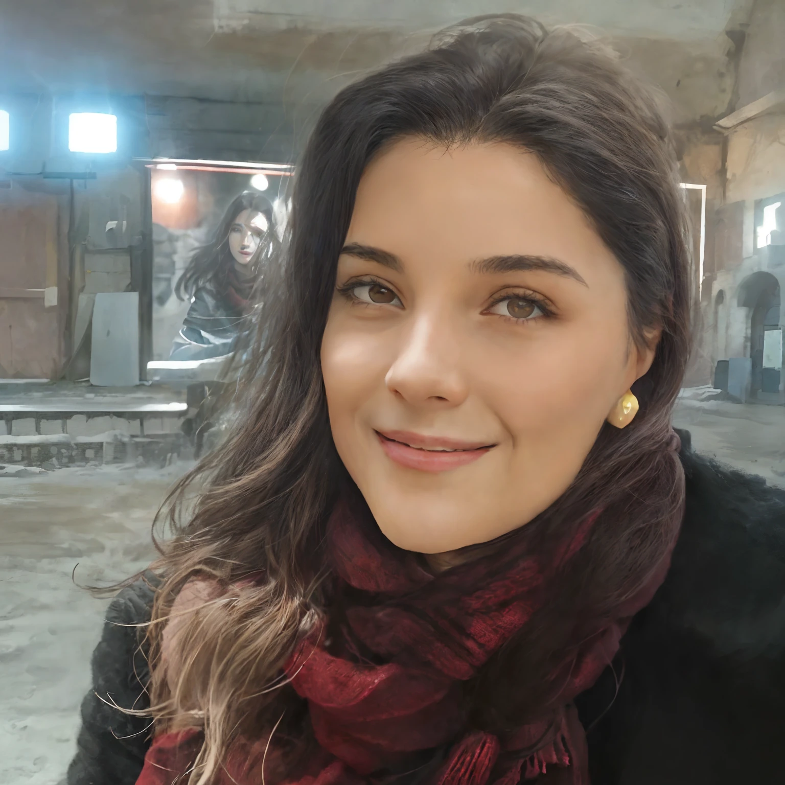 smiling woman with long dark hair and a red scarf, Directed by: Nandor Soldier, Valentina Embaralhamento, fernanda suarez, Estefania Villegas Burgos, Andou na escola chatzipanagiotou, Alanis Guillen, Christina Kritikou, foto de perfil headshot, photo of džesika devic