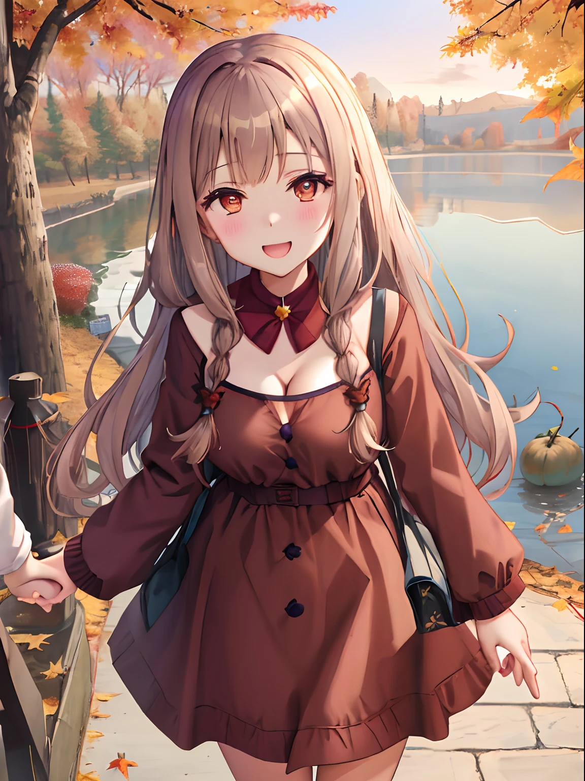 Fluffy long hair,Give bangs,Katyusha,Braids,Autumn outfit,Purple and light brown clothes,The sleeves of the clothes are a little long,I see a little cleavage,Moe Sleeve,Two people dating,Lots of nature around the lakeside,The tree々Autumn leaves in autumn,Fruit Accessories(Grapes,muscat),Upper Eyes,Two people walking hand in hand,red tide,delighted expression,