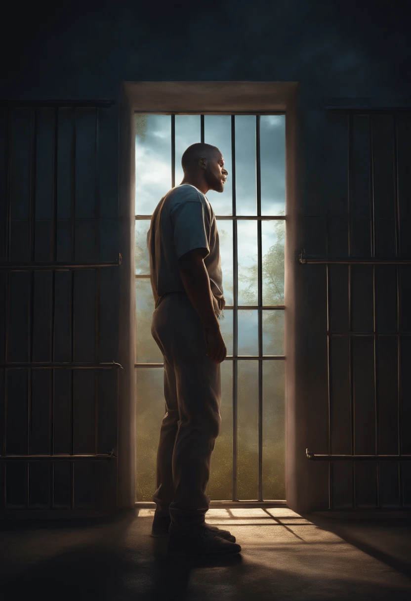 Draw a picture of an inmate crying in his cell looking up at the sky waiting for his freedom.  Cinematic lighting, estilo artgerm, 32k, Ultra HD |, motor irreal renderizado, imagem hiper-realista