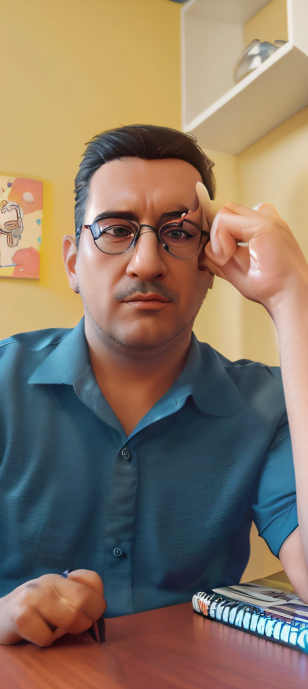 Cartoon character of a man with black glasses and a blue shirt, animation character, Caractere estilizado, animation style rendering, 3D estilizado, Arnold Maya render, 3 d render stylized, toon render keyshot, Personagem 3D, Personagem 3D, 3d rendering stylized, 3 d character render, personagem de desenho animado, Personagem de close up, Pose de personagem, (Estilo Pixar) (master part:1.2) (Bokeh) (melhor qualidade) (pele detalhada) (textura detalhada) (8k) (argila) (Cinematic lighting) (foco nítido