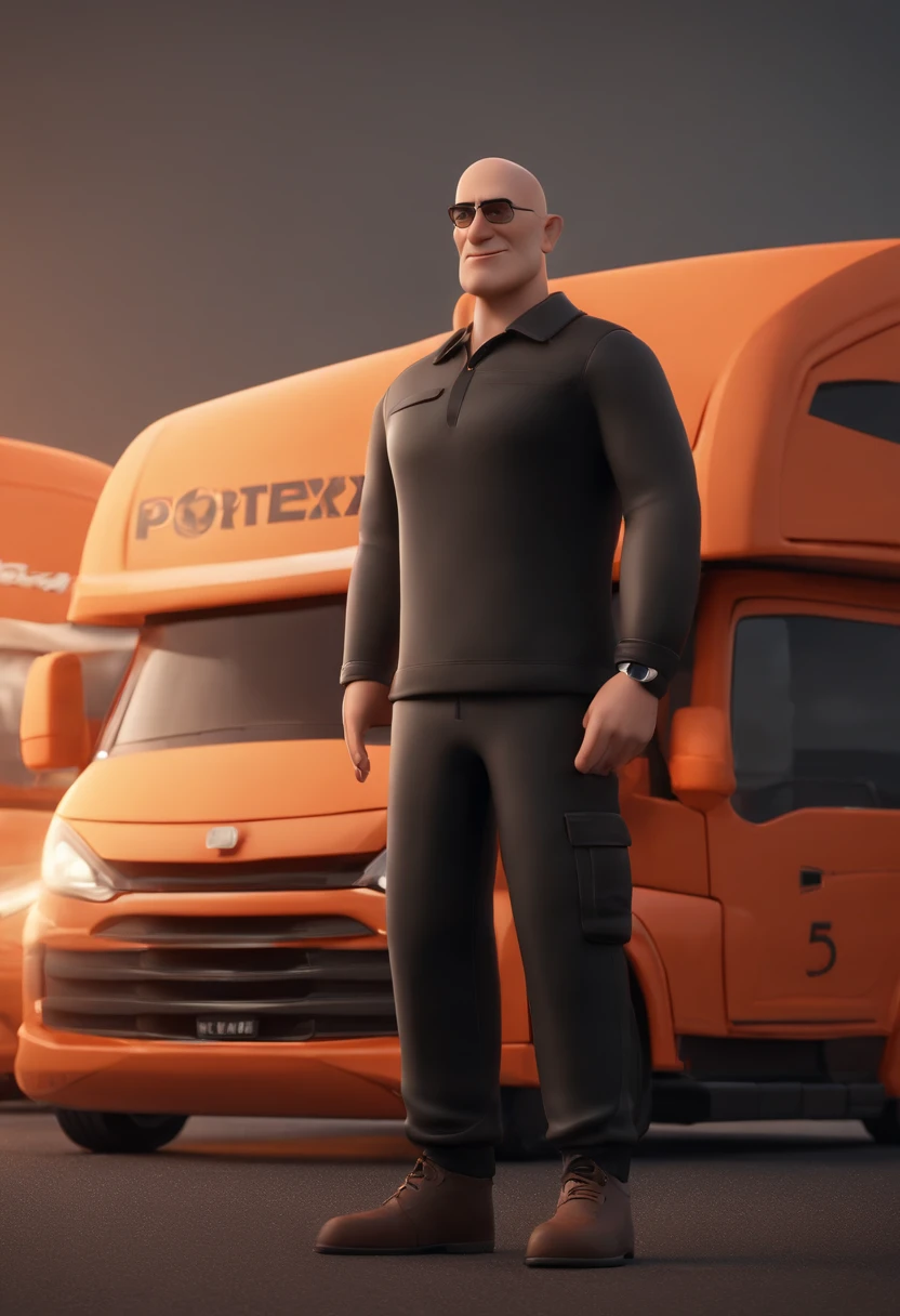 cartoon character of a bald white man, wearing a black shirt with PORTOEX written, in the background white truck written PORTOEX in orange, animation character, Stylized character, rendering style animation, stylized 3D, (PIXAR style) (best quality) (skin specific) (detailed texture) (8k) (clay) (Cinematic lighting) (sharp focus)