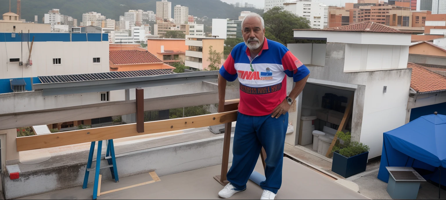 there is a man standing on a roof with a large piece of wood, david rios ferreira, inspired by Francis Souza, by Robert Combas, luiz escanuela, by Felipe Seade, by Fernando Gerassi, sits on a rooftop, in sao paulo, by Julio González, by Rodolfo Amoedo, icaro carvalho