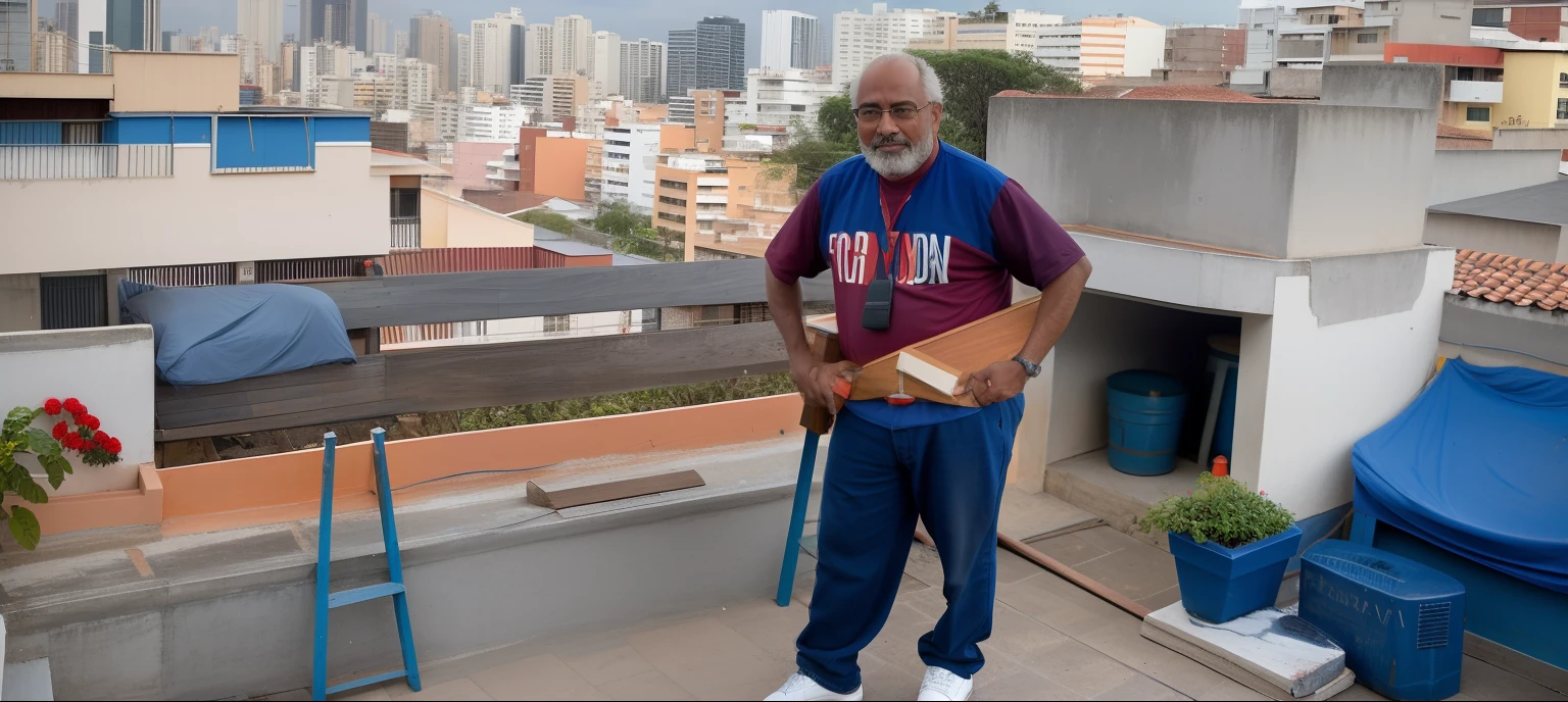 there is a man standing on a roof with a large piece of wood, david rios ferreira, inspired by Francis Souza, by Robert Combas, luiz escanuela, by Felipe Seade, by Fernando Gerassi, sits on a rooftop, in sao paulo, by Julio González, by Rodolfo Amoedo, icaro carvalho