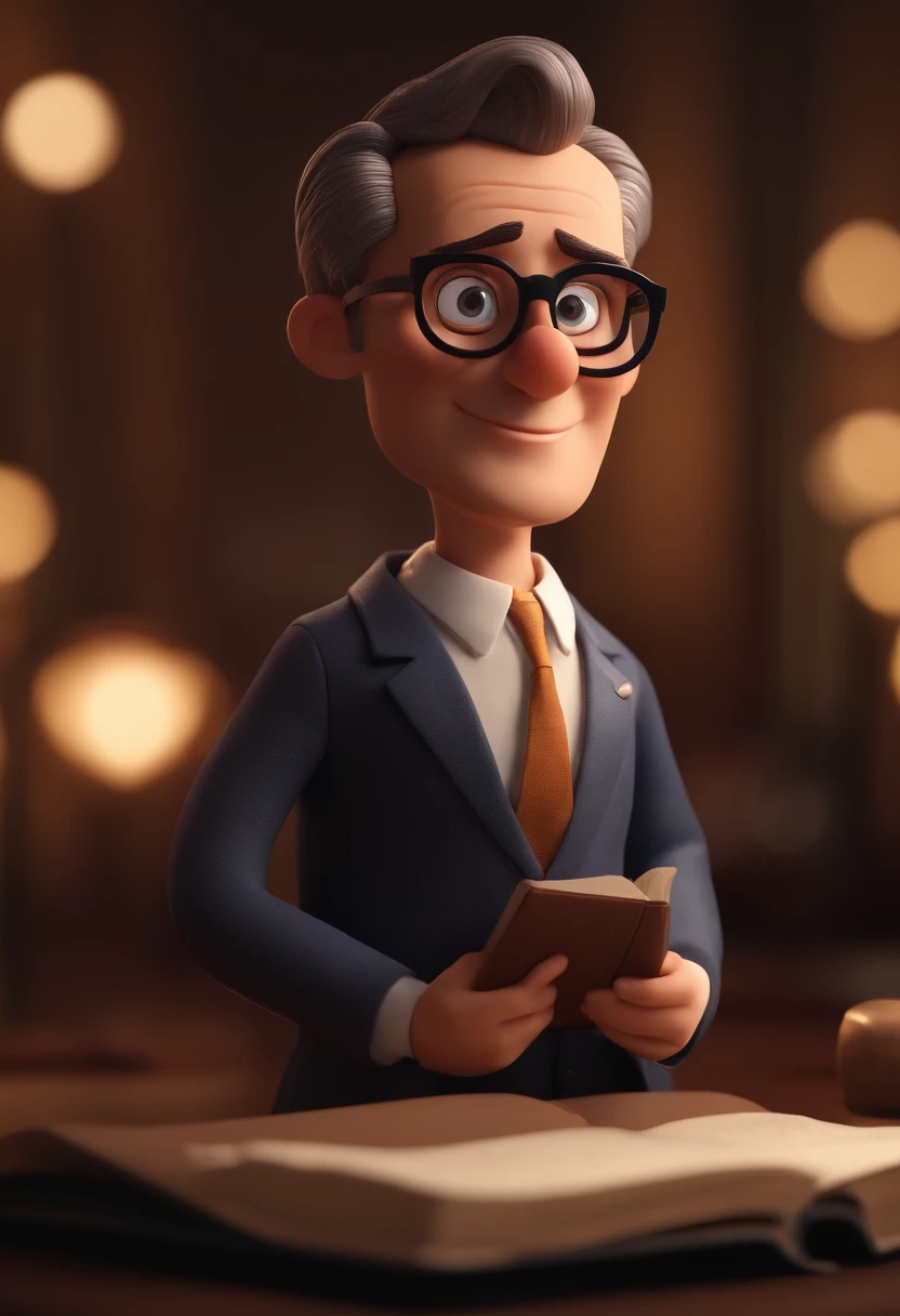 Pixar cartoon character of a man with rectangular black glasses and a suit with bible, animation character, Caractere estilizado, animation style rendering, 3D estilizado, Arnold Maya render, 3 d render stylized, toon render keyshot, Personagem 3D, Personagem 3D, 3d rendering stylized, 3 d character render, personagem de desenho animado, Personagem de close up, Pose de personagem,  (Estilo Pixar) (master part:1.2) (Bokeh) (best quality) (pele detalhada) (textura detalhada) (8k) (argila) (Cinematic lighting) (foco nítido