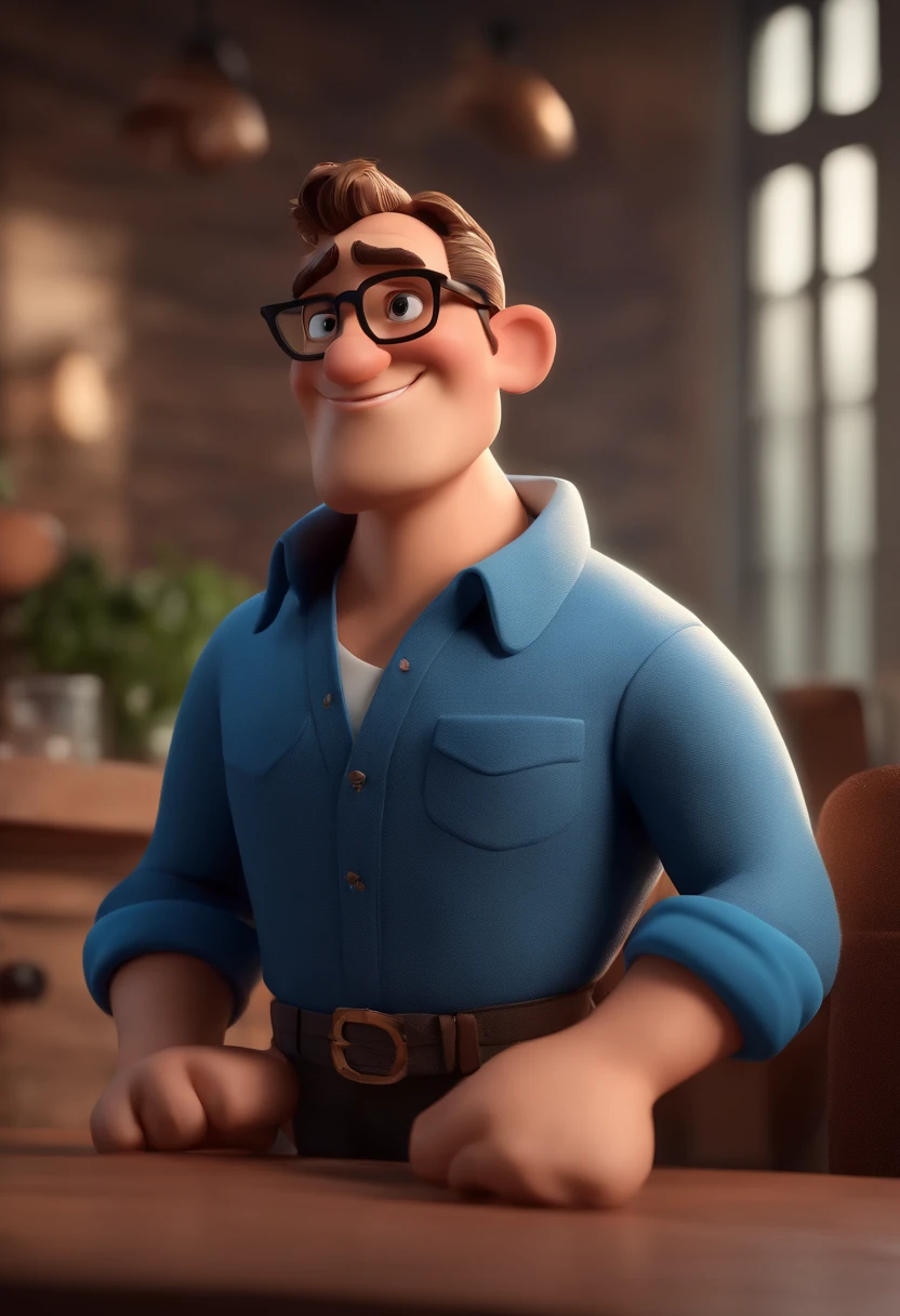 Cartoon character of a man with black glasses and a blue shirt, animation character, Caractere estilizado, animation style rendering, 3D estilizado, Arnold Maya render, 3 d render stylized, toon render keyshot, Personagem 3D, Personagem 3D, 3d rendering stylized, 3 d character render, personagem de desenho animado, Personagem de close up, Pose de personagem, (Estilo Pixar) (master part:1.2) (Bokeh) (best quality) (pele detalhada) (textura detalhada) (8k) (argila) (Cinematic lighting) (foco nítido