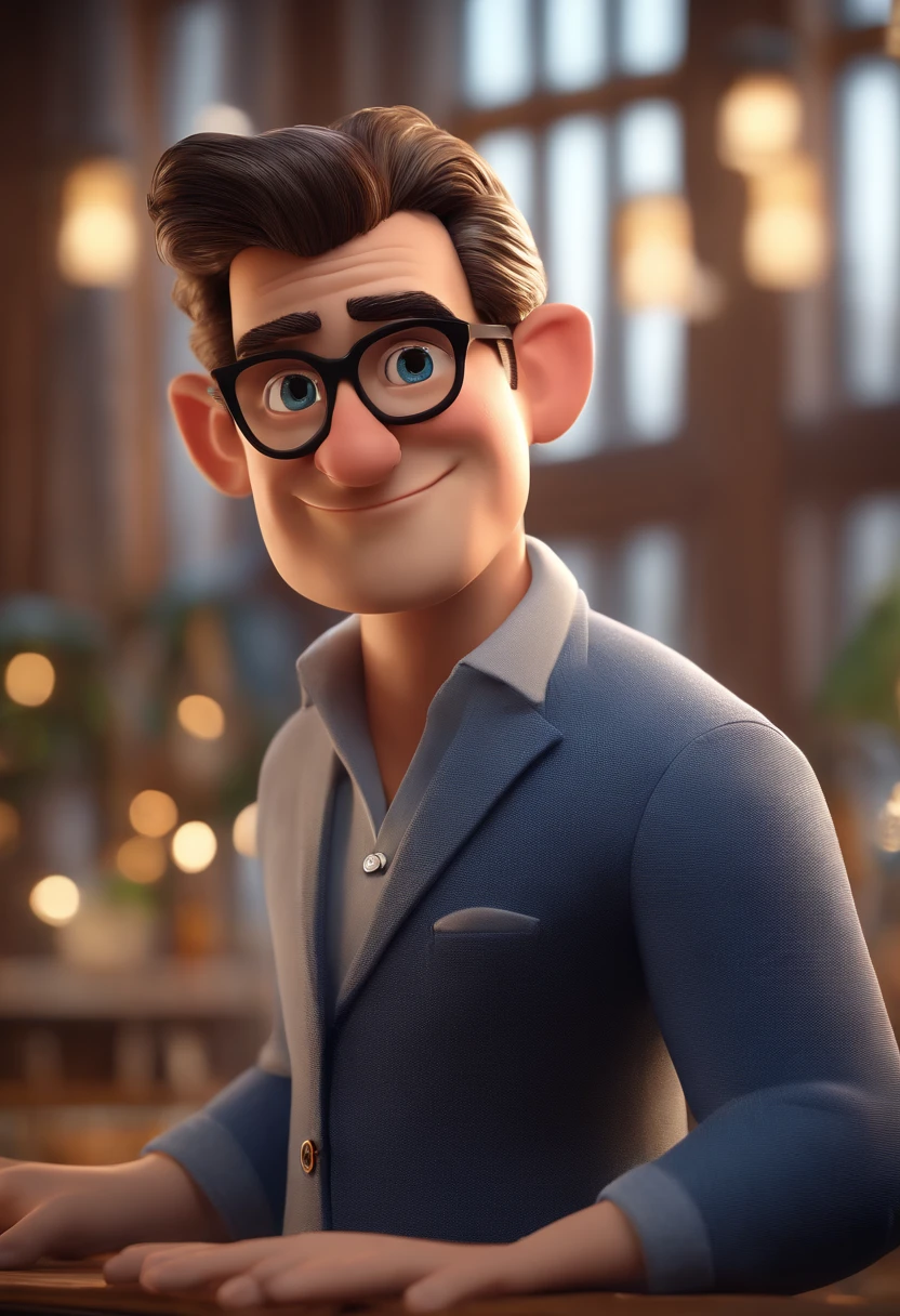 Cartoon character of a man with black glasses and a blue shirt, animation character, Caractere estilizado, animation style rendering, 3D estilizado, Arnold Maya render, 3 d render stylized, toon render keyshot, Personagem 3D, Personagem 3D, 3d rendering stylized, 3 d character render, personagem de desenho animado, Personagem de close up, Pose de personagem,  (Estilo Pixar) (master part:1.2) (Bokeh) (best quality) (pele detalhada) (textura detalhada) (8k) (argila) (Cinematic lighting) (foco nítido