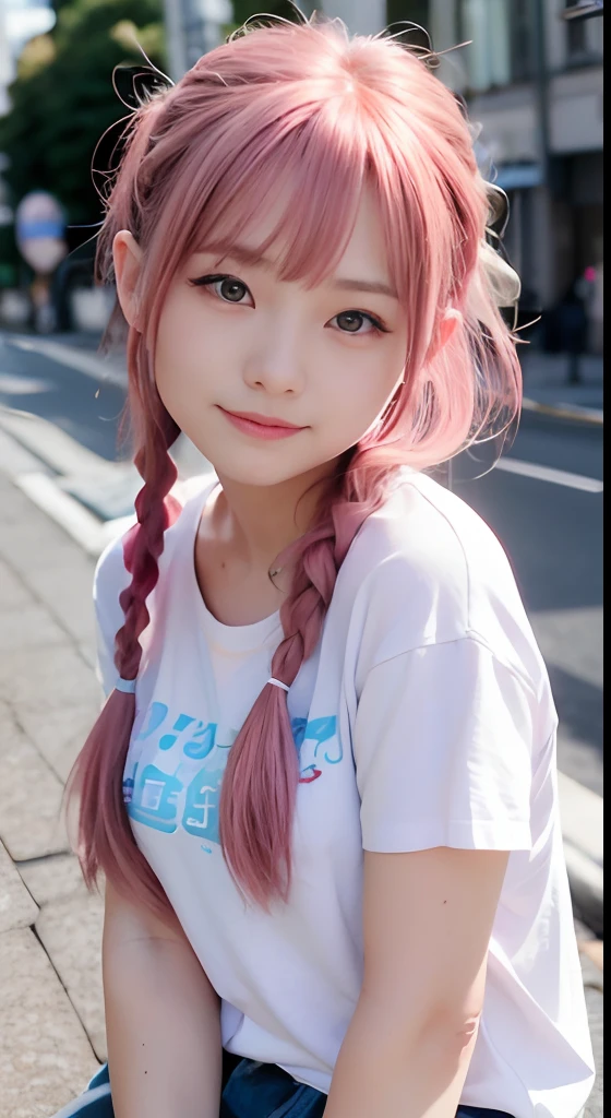 女の子1人、on tokyo street、natta、A city scape、city light、The upper part of the body、up close shot、Blue eyes,Full body,faces、(A smile:1.5)、small tits、Band T-shirt、(8K、Raw photography、top-quality、masterpiece:1.2)、(realisitic、photoRealstic:1.37), (Pink hair), Ear Hair, small tits, Single braid, (Single braid), (Side braid)