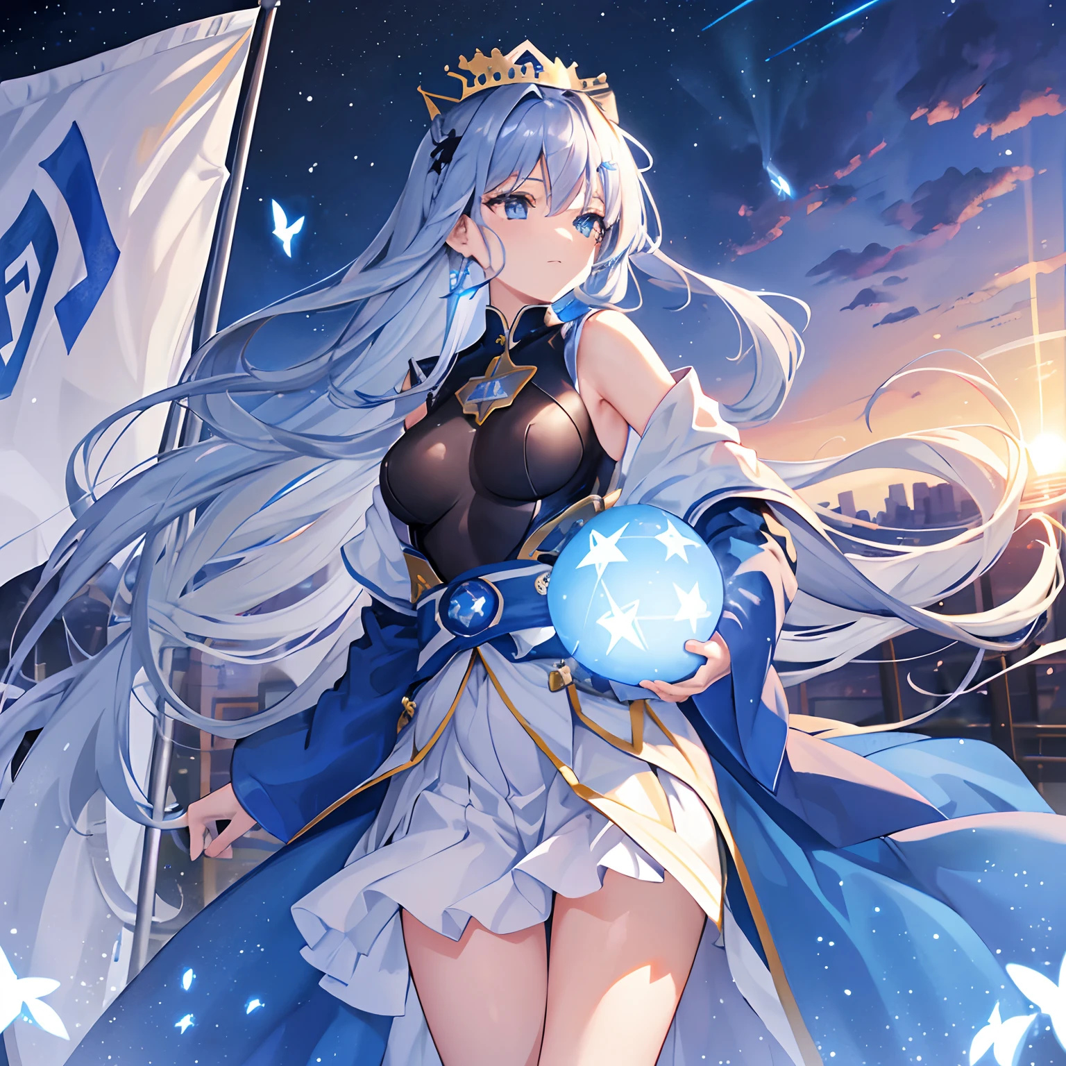 1 girl of Israelian pride, deep blue and silver hair, personification of hope, rising sun in the background, open field, the star of David, long hair, glowing butterflies, standing proud, six-sided star hair piece, long flowy dress, tall, the hope, flag of Israel, crown, 21 years old, mature, soft smile, SFW