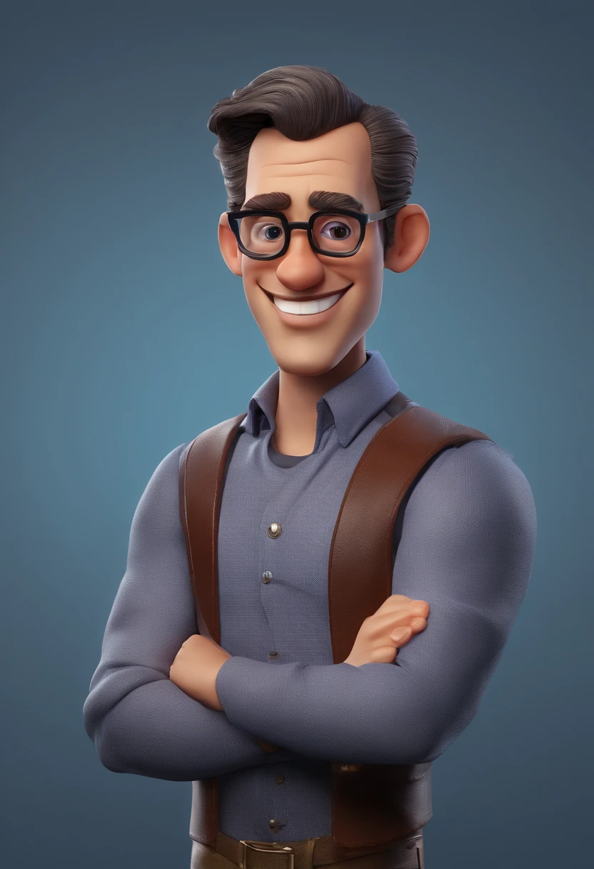 Cartoon character of a man with black glasses and a blue shirt, animation character, Caractere estilizado, animation style rendering, 3D estilizado, Arnold Maya render, 3 d render stylized, toon render keyshot, Personagem 3D, Personagem 3D, 3d rendering stylized, 3 d character render, personagem de desenho animado, Personagem de close up, Pose de personagem,  (Estilo Pixar) (master part:1.2) (Bokeh) (best quality) (pele detalhada) (textura detalhada) (8k) (argila) (Cinematic lighting) (foco nítido