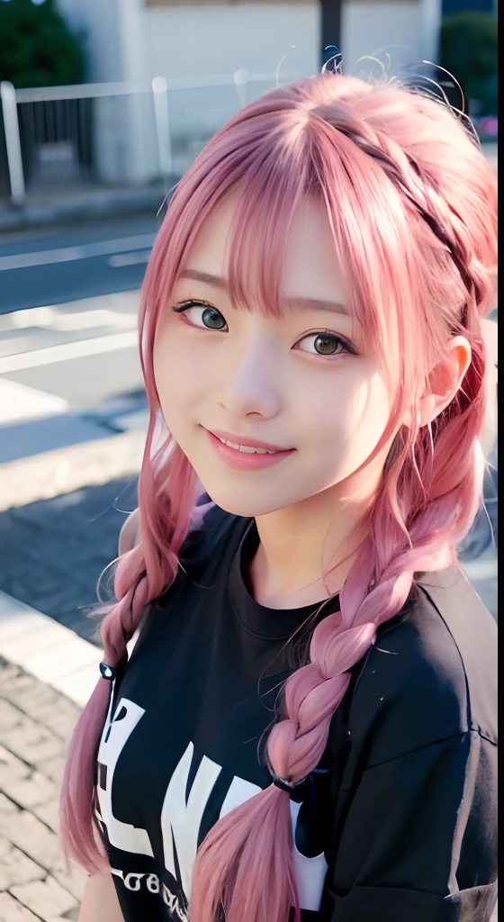 1人、on tokyo street、natta、A city scape、city light、The upper part of the body、up close shot、Blue eyes,Full body,faces、(A smile:1.5)、small tits、Band T-shirt、(8K、Raw photography、top-quality、​masterpiece:1.2)、(realisitic、photoRealstic:1.37), (Pink hair), Ear Hair, small tits, Single braid, (Single braid), (Side braid)