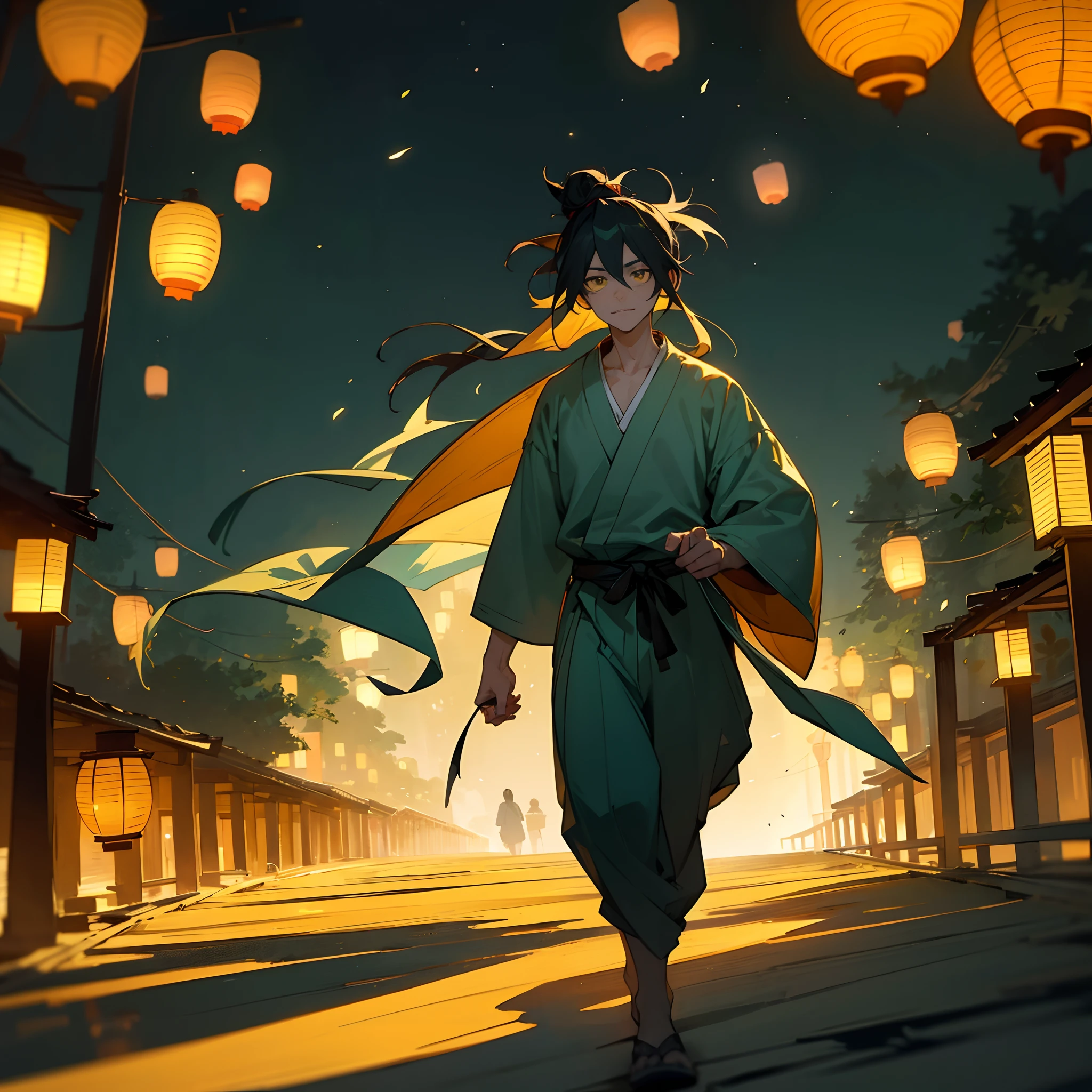 1male, teen, messy long teal hair with man bun, finely detailed yellow eyes, loose casual yukata, walking down path, night village, lanterns, best lighting and shadows, somber expression, facing viewer