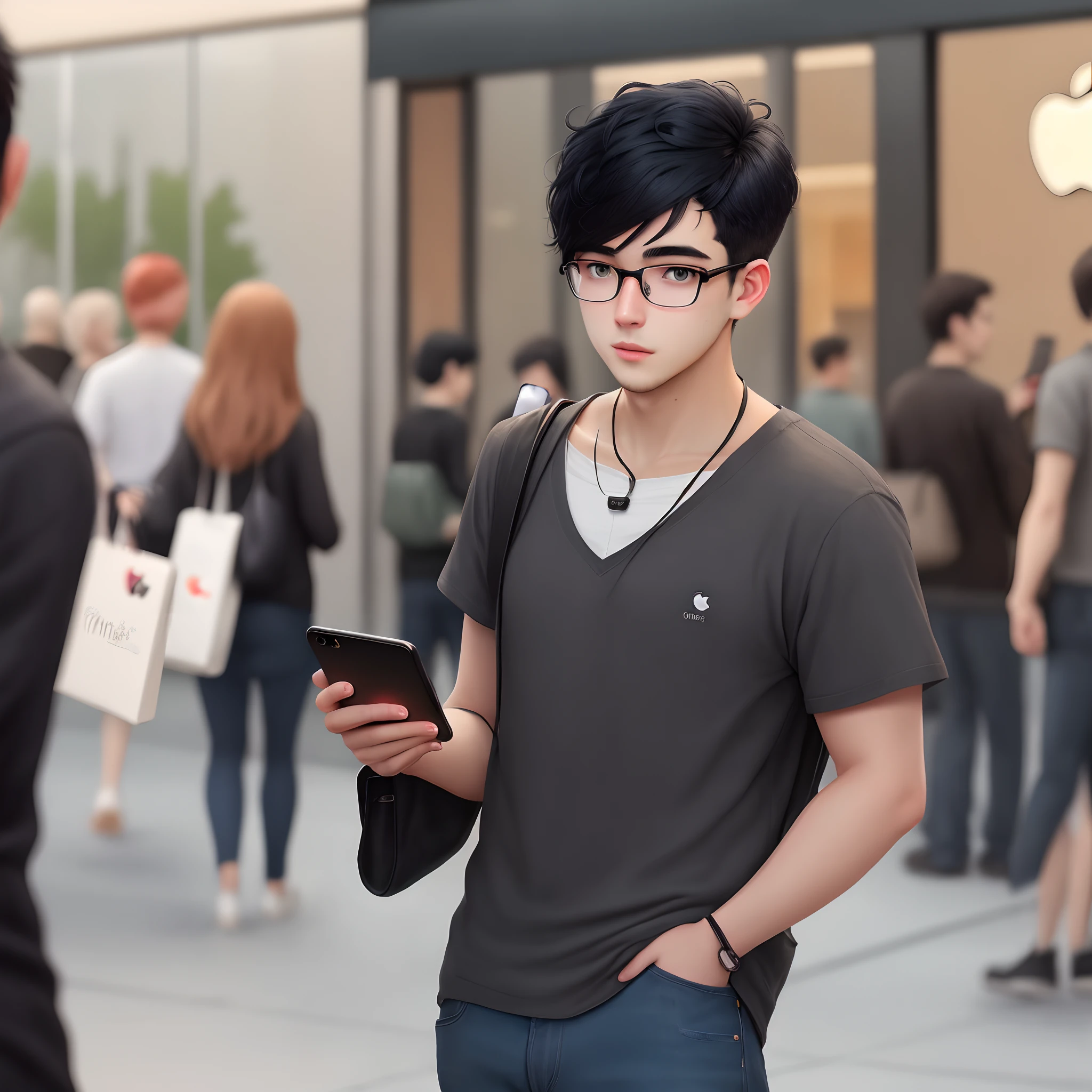22 year old man in glasses with black hair cut on the side with iPhone in hand and Apple store behind
