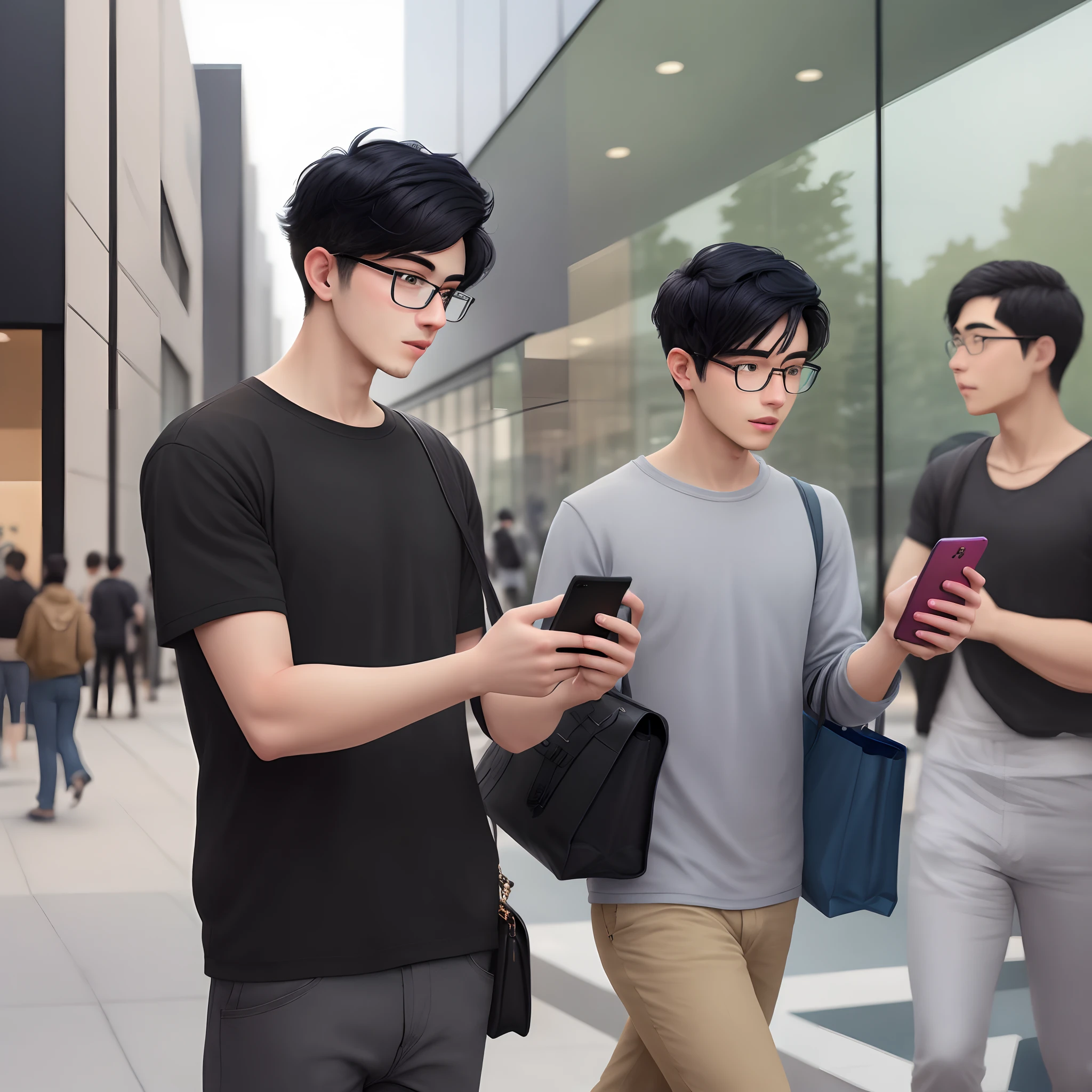 22 year old man in glasses with black hair cut on the side with iPhone in hand and Apple store behind