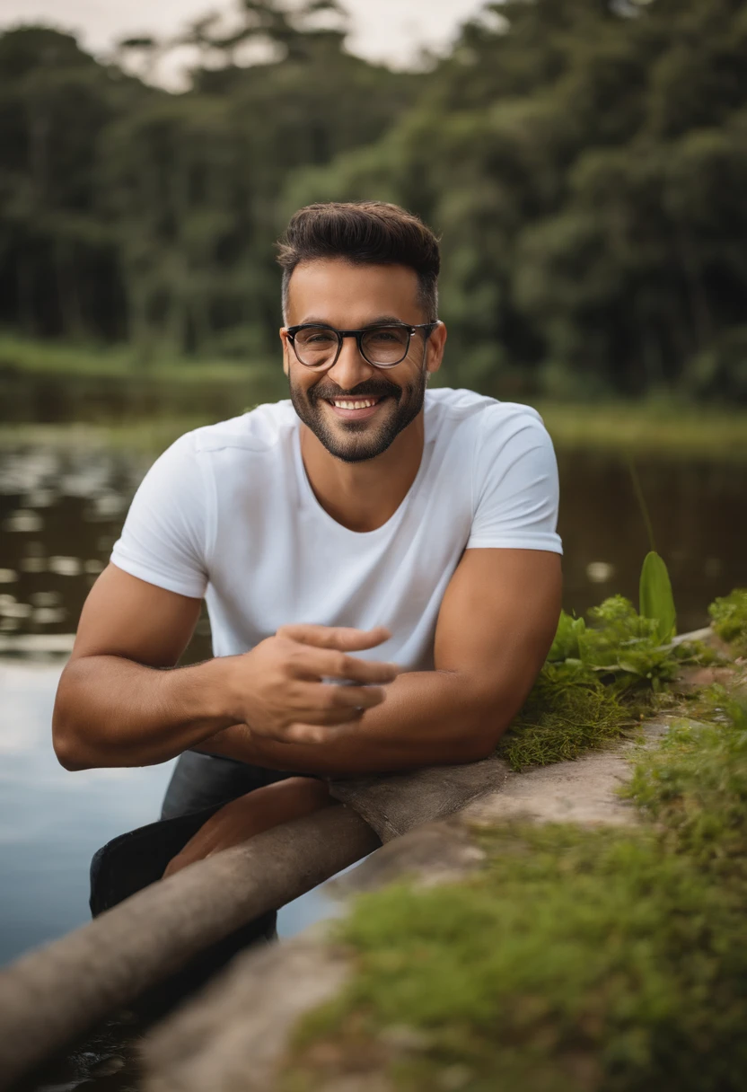 Smiling man in glasses and white shirt standing in front of a pond, david rios ferreira, imagem do avatar, caio santos, icaro carvalho, Cristiano Orrillo, José Moncada, daniel mirante, andres rios, Miguel Iglesias, foto de perfil profissional, Directed by: Felipe Seade, Miguel Maurino, imagem profissional, Fotografia selfie 8k, thiago lehmann