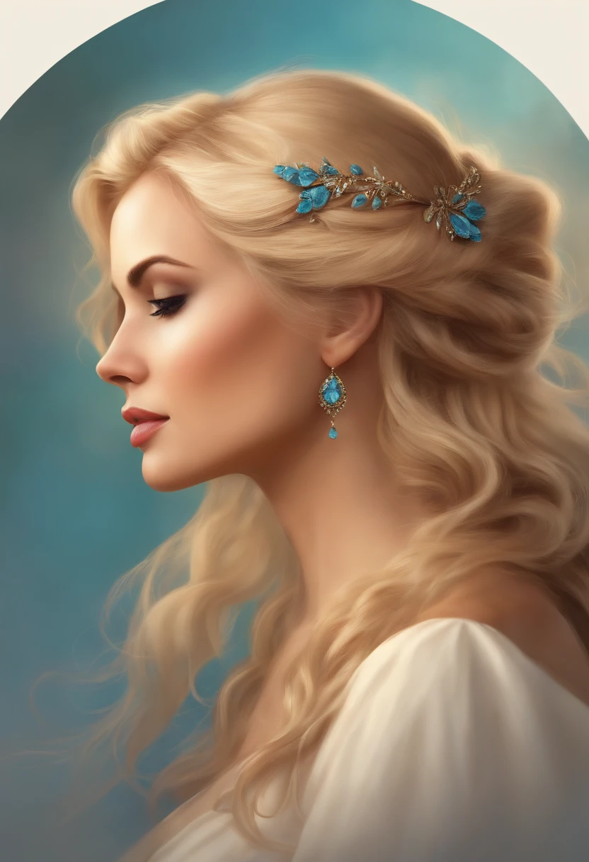 Young woman blonde hair profile face avatar Mucha style