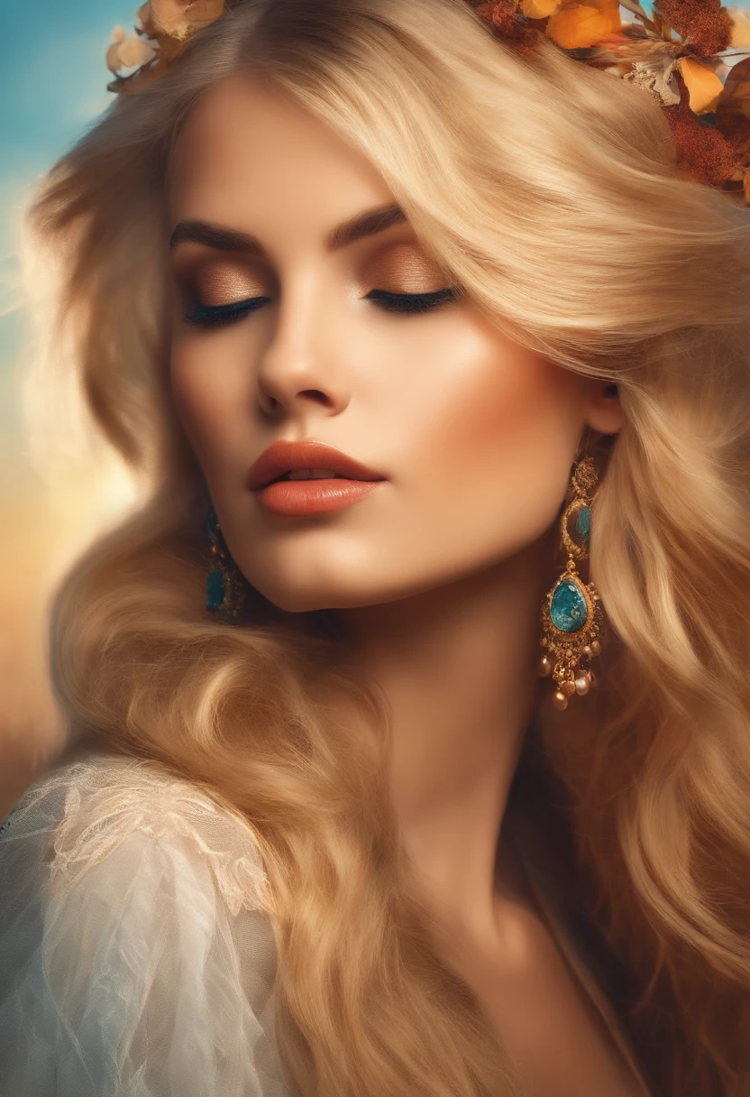 Young woman blonde hair profile face avatar Mucha style