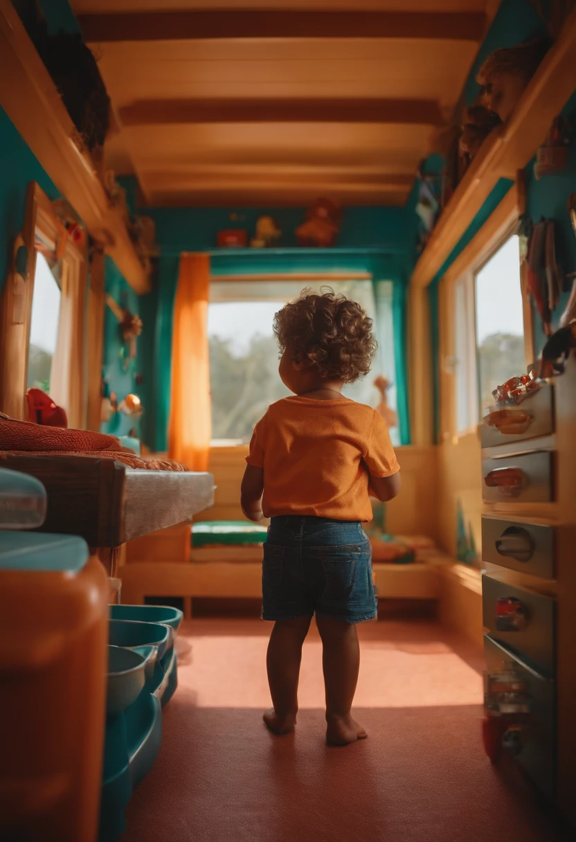 imagem estilo Pixar de um menino de cabelo corte sorvetinho em um quarto infantil brincando de carrinhos