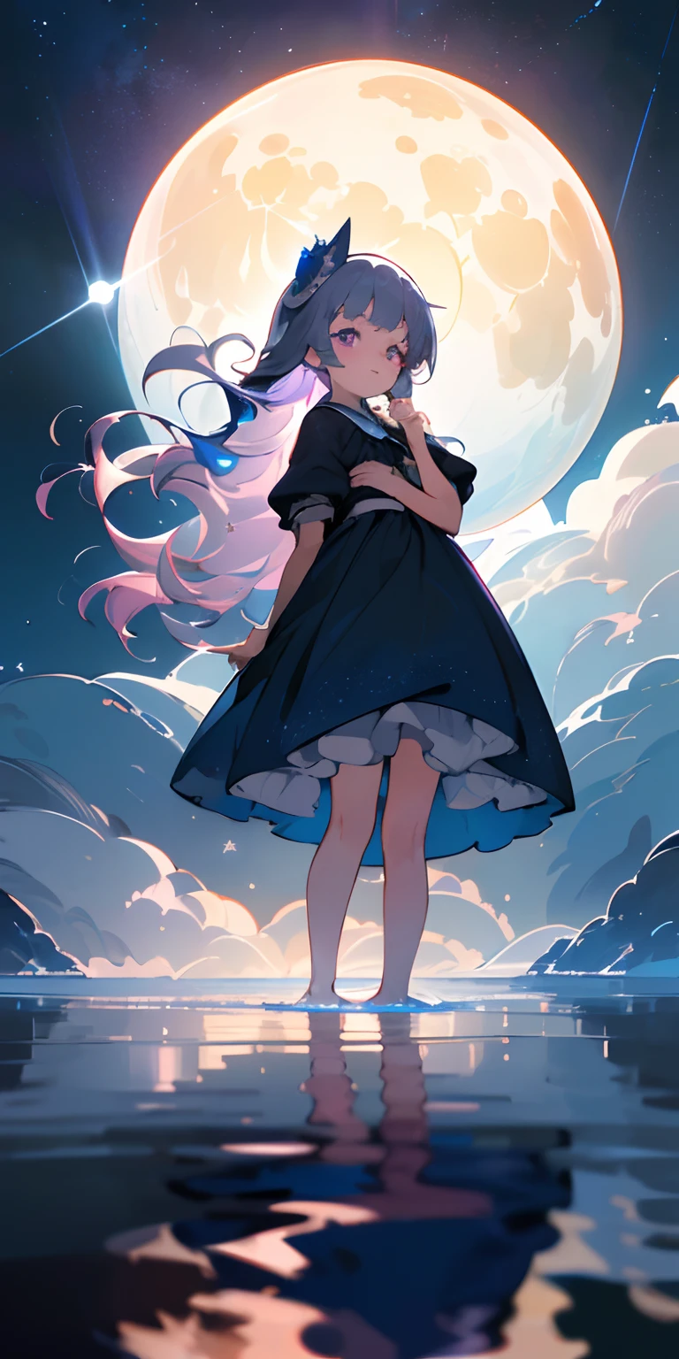 {{​masterpiece,hight resolution,Best Work}},top-quality,Ultra-detailed CG Unity,((A detailed face)),8k wallpaper,lensflare, (Detailed beautiful eyes),((chiquita,tiny girl,Little girl)),Particle,Long hair with strong waves,huge smile,Playing with a frolick,Purple eyes,silber hair,A dark blue dress reflecting the starry sky,Big White Moon,((Standing on the surface of the water and playing cheerfully)),Majestic starry sky,Aurora,The surface of the lake reflecting the starry sky,Starry water surface,((full bodyesbian:1.5),超A high resolution,