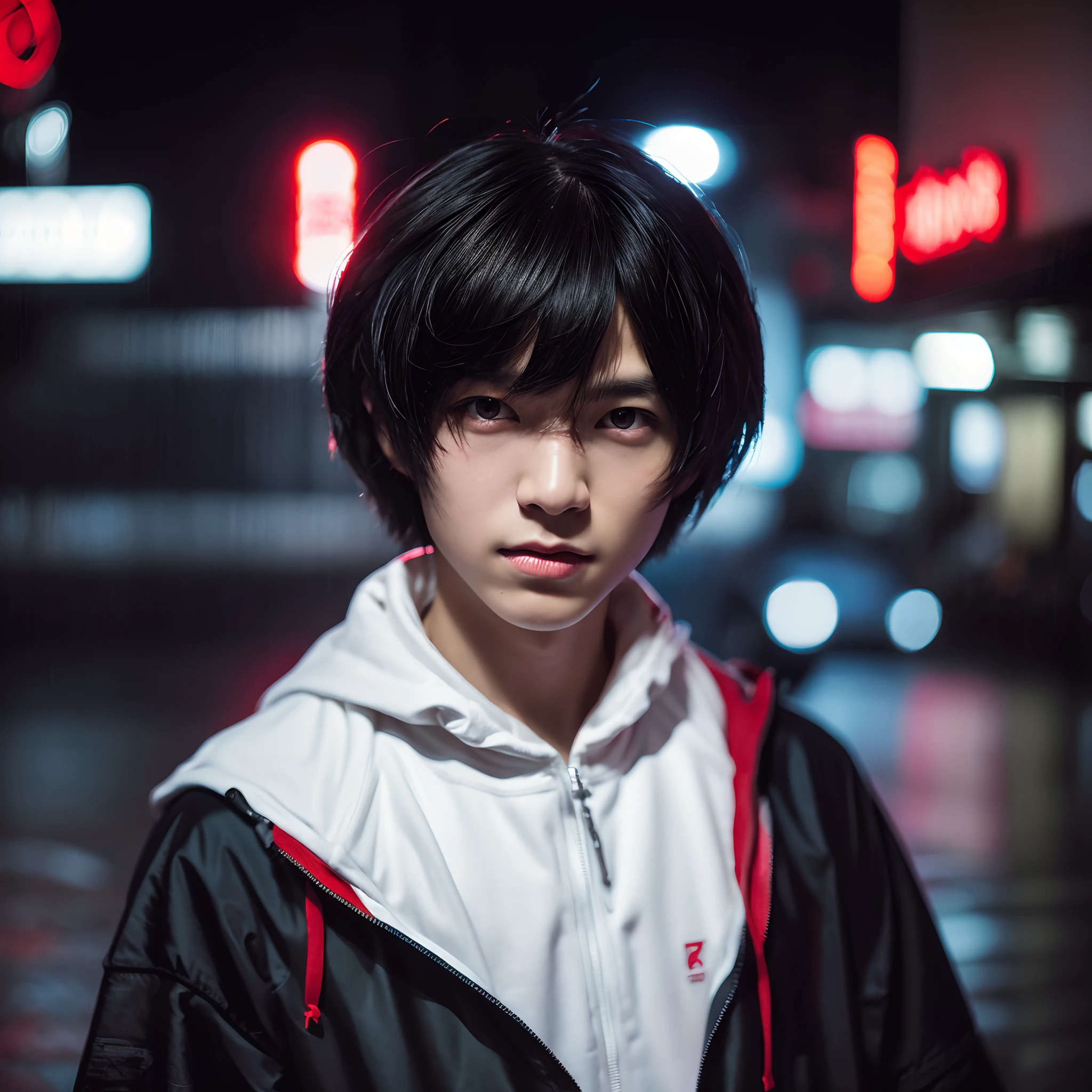 kk, best quality, more details, masterpiece, 1boy, kaneki ken, portrait, male focus, red eyes, solo, bangs, looking at viewer, hood, short hair, rain, tokyo tokyo \(city\),  hood up, nail polish, white hair, luxurious, 8k, detailed, ray tracing, depth of field, cinematic lighting,