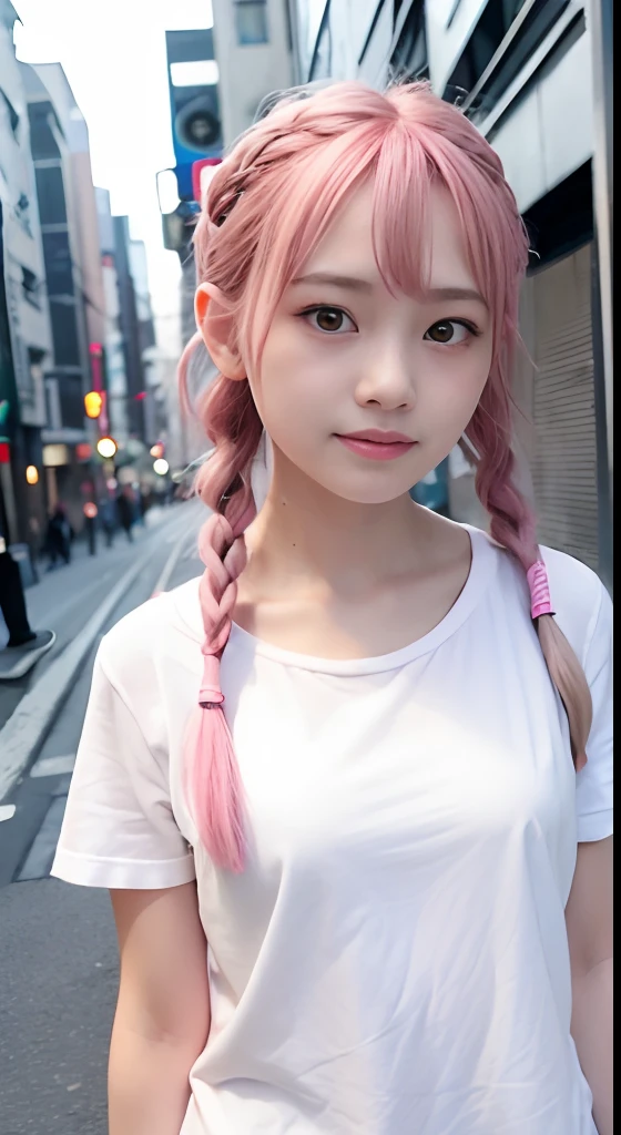 1人、on tokyo street、natta、A city scape、city light、The upper part of the body、up close shot、Blue eyes,Full body,faces、(A smile:1.5)、small tits、Band T-shirt、(8K、Raw photography、top-quality、masterpiece:1.2)、(realisitic、photoRealstic:1.37), (Pink hair), Ear Hair, small tits, Single braid, (Single braid), (Side braid)