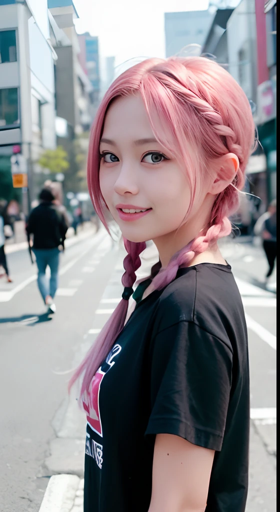 女の子1人、on tokyo street、natta、A city scape、city light、The upper part of the body、up close shot、Blue eyes,Full body,faces、(A smile:1.5)、small tits、Band T-shirt、(8K、Raw photography、top-quality、​masterpiece:1.2)、(realisitic、photoRealstic:1.37), (Pink hair), Ear Hair, small tits, Single braid, (Single braid), (Side braid)