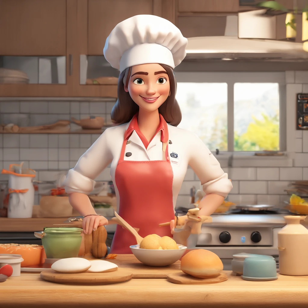 Crie uma cena de desenho animado  estilo 3d -Pixar, Onde uma mulher, de cabelos lisos castanhos com 35 anos de idade, She's cooking dressed as a pastry chef.