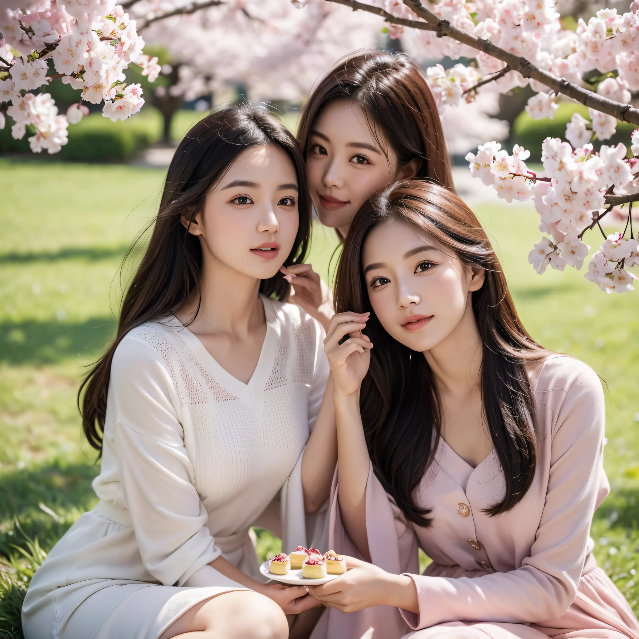 (best quality,8k,ultra-detailed,realistic:1.2),under the cherry blossom tree,eating desserts,morning,grass field,colorful hair,2girls