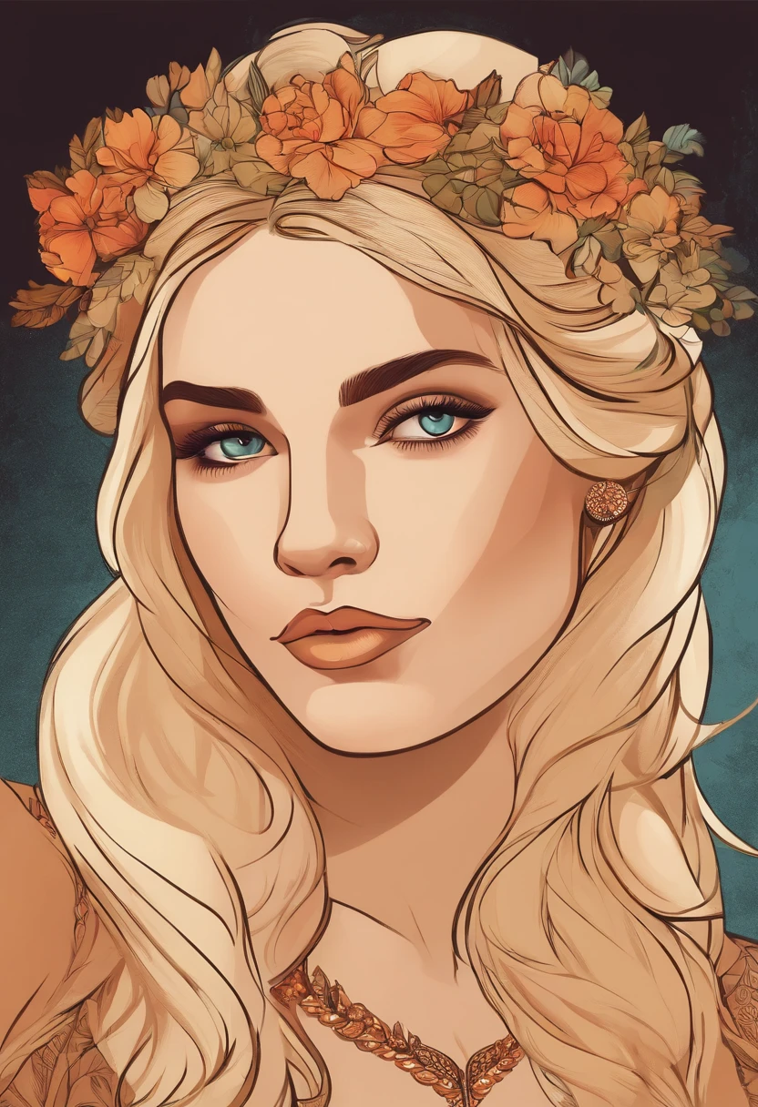 Young Woman Blonde Hair Profile Face Avatar Mucha Illustration style